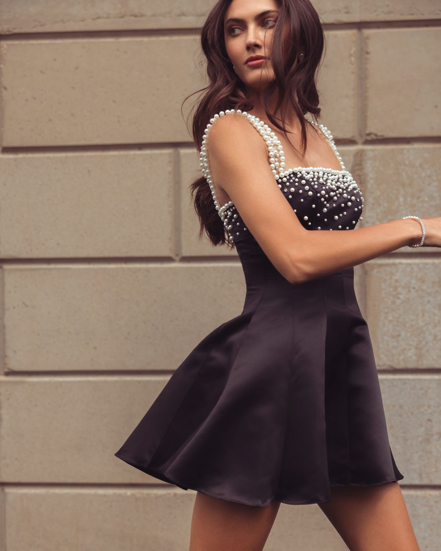 Black Pearl Embellished Satin Mini Dress - Mac Duggal