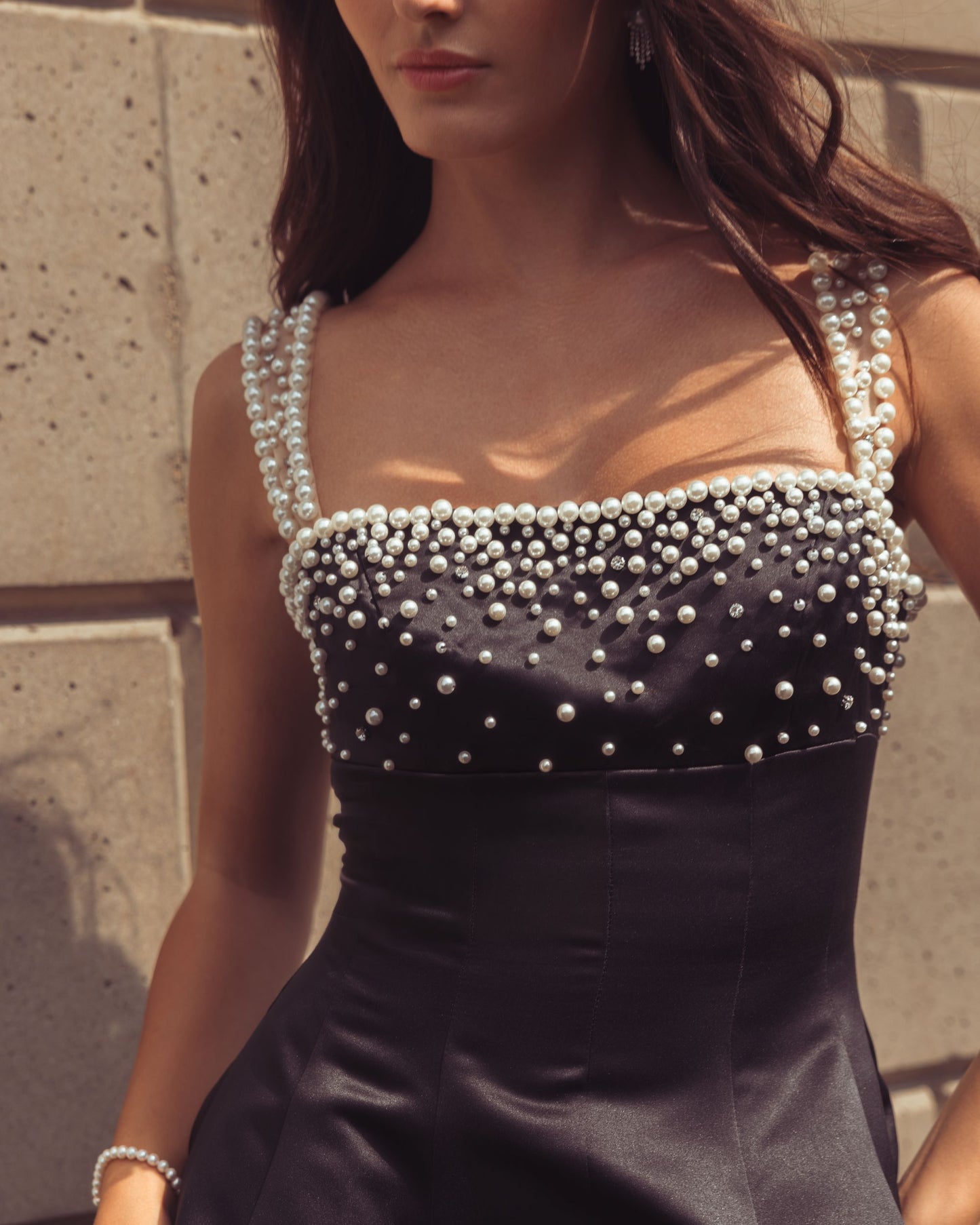 Black Pearl Embellished Satin Mini Dress - Mac Duggal
