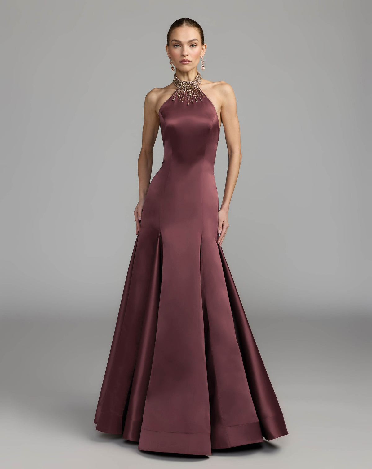 Deep Plum Satin Embellished Halter Mermaid Gown Ieena for Mac Duggal