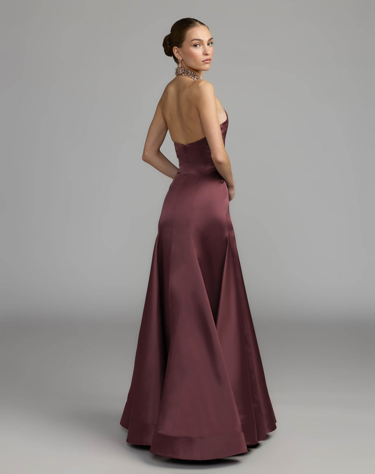 Deep Plum Satin Embellished Halter Mermaid Gown Ieena for Mac Duggal