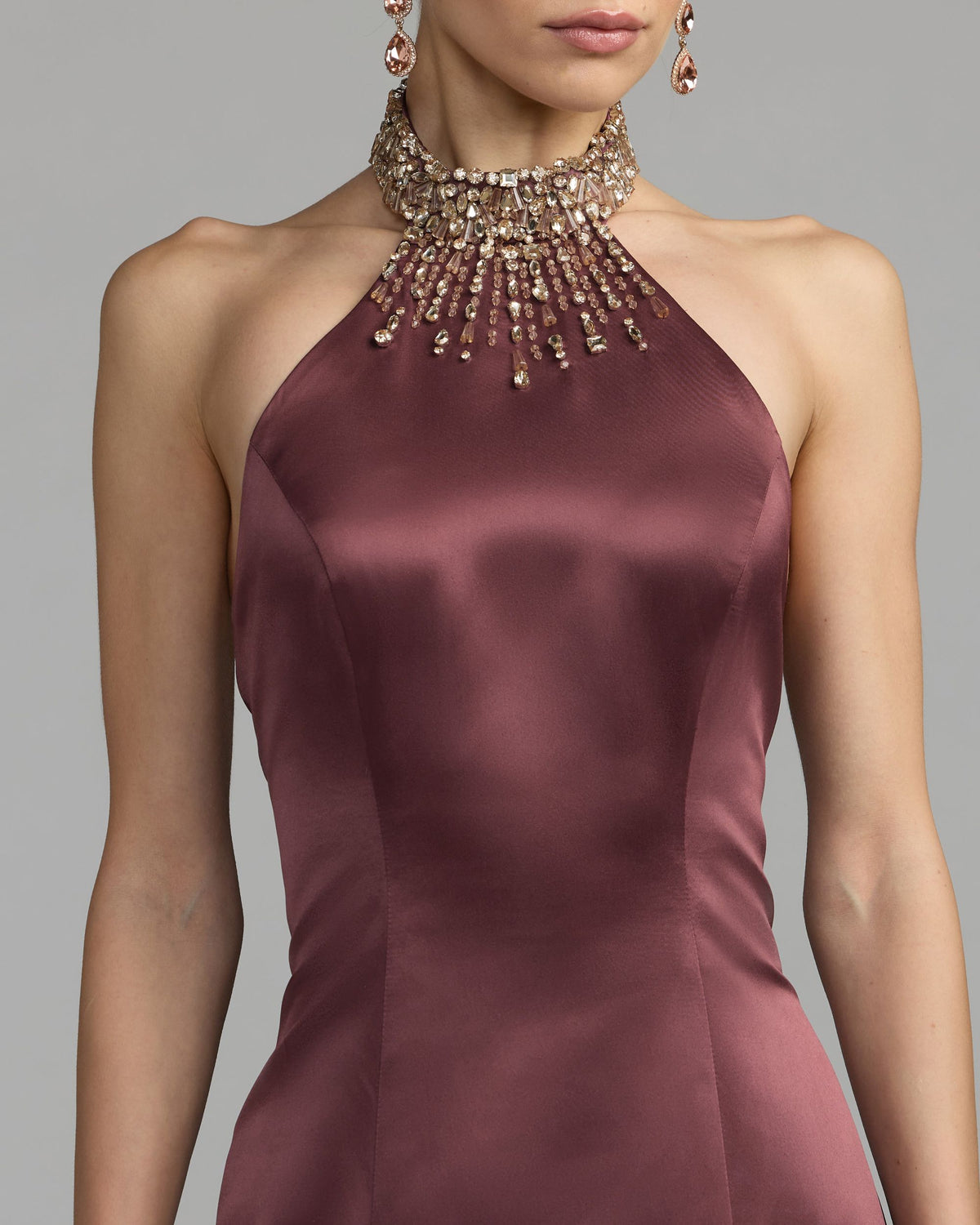 Deep Plum Satin Embellished Halter Mermaid Gown Ieena for Mac Duggal