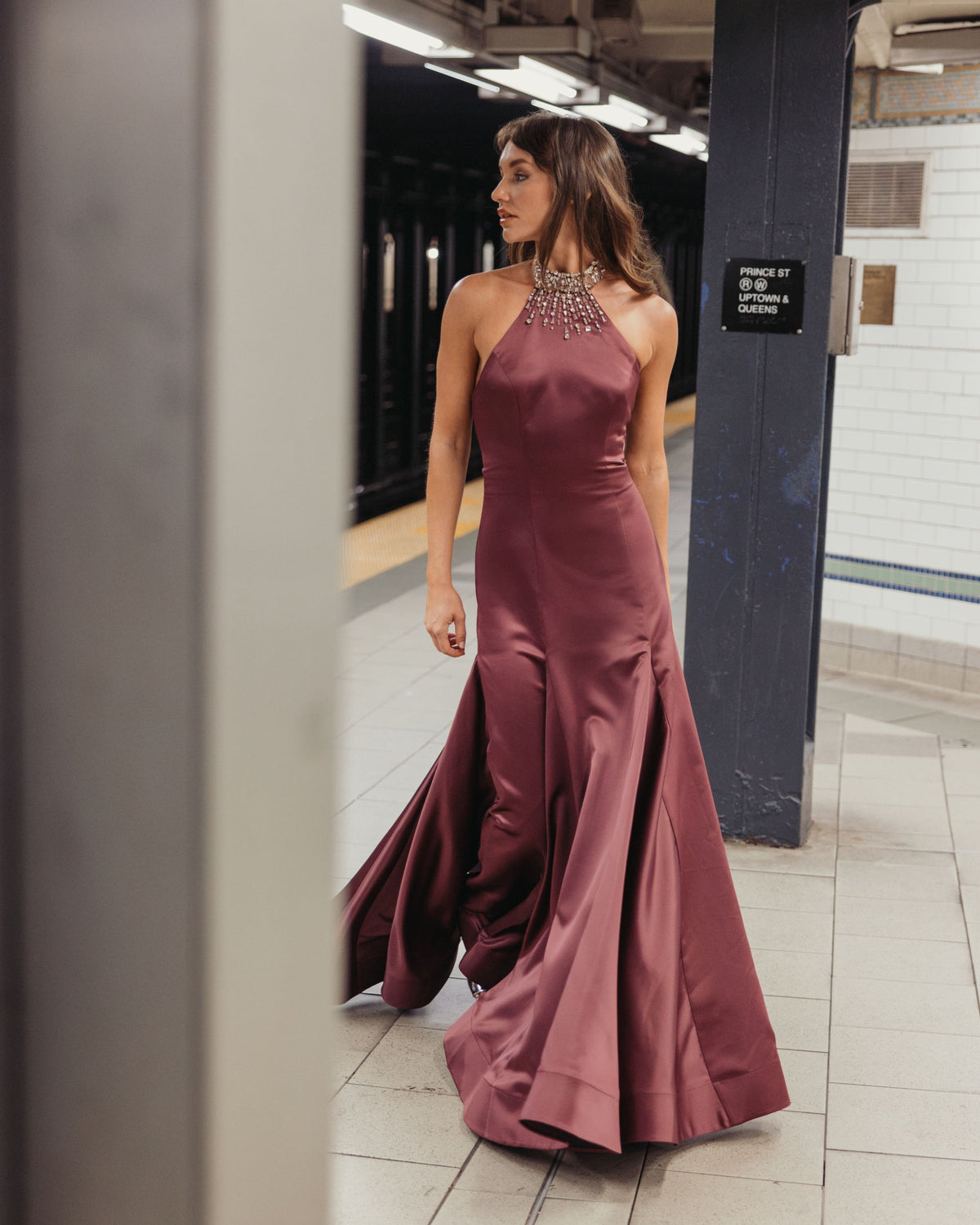 Deep Plum Satin Embellished Halter Mermaid Gown Ieena for Mac Duggal