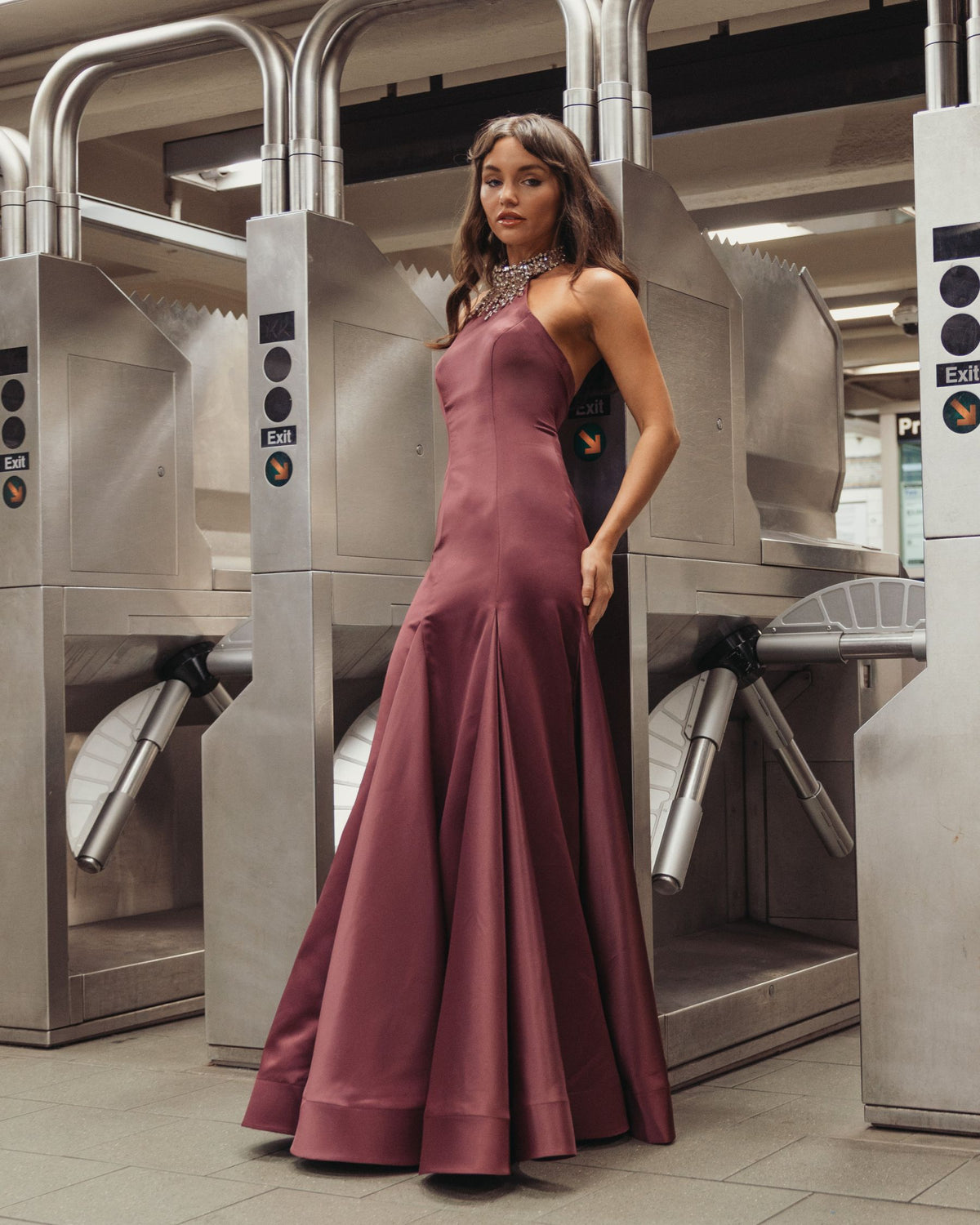 Deep Plum Satin Embellished Halter Mermaid Gown Ieena for Mac Duggal