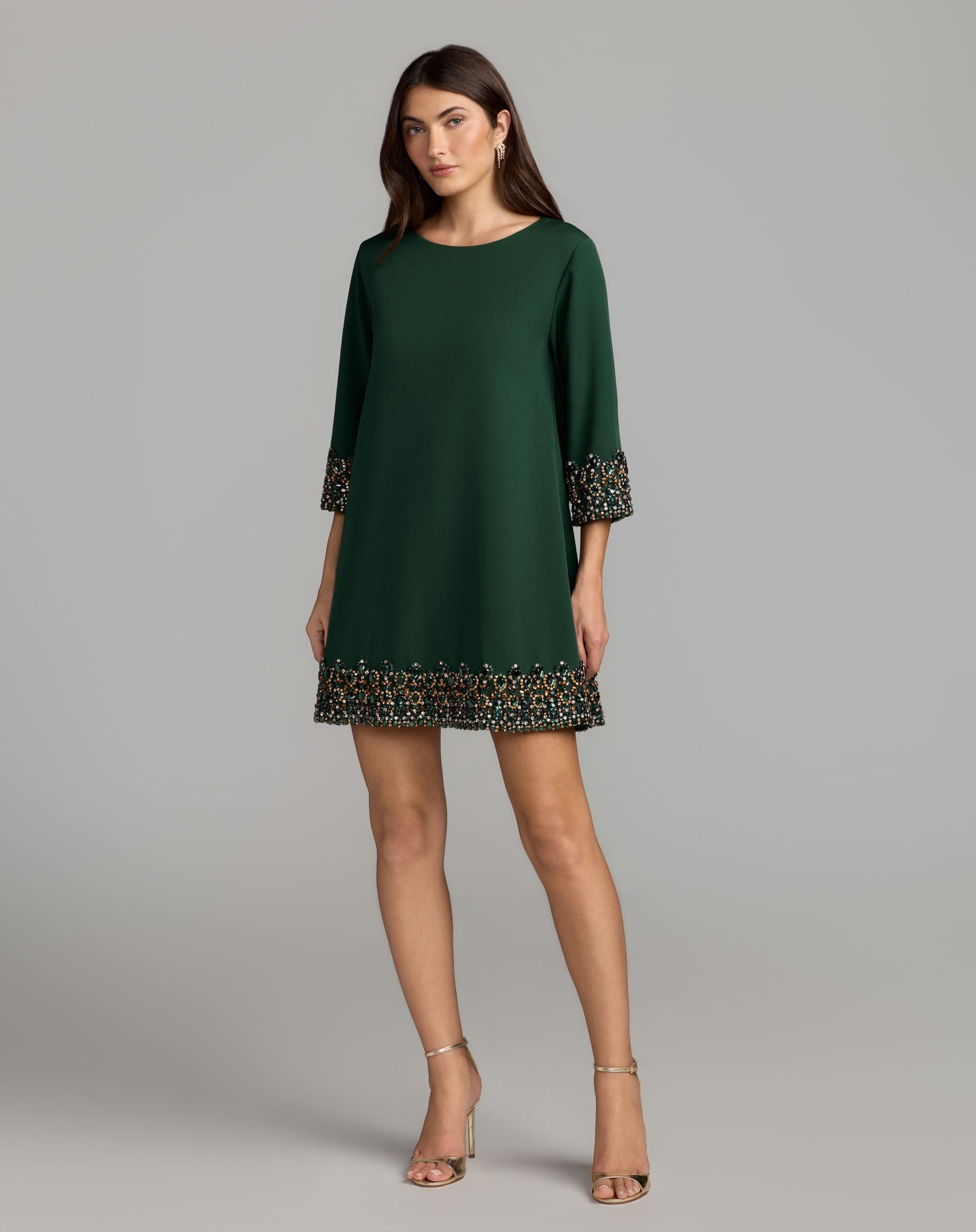 Green Embellished Trim Mini Dress With 3/4 Sleeves - Mac Duggal