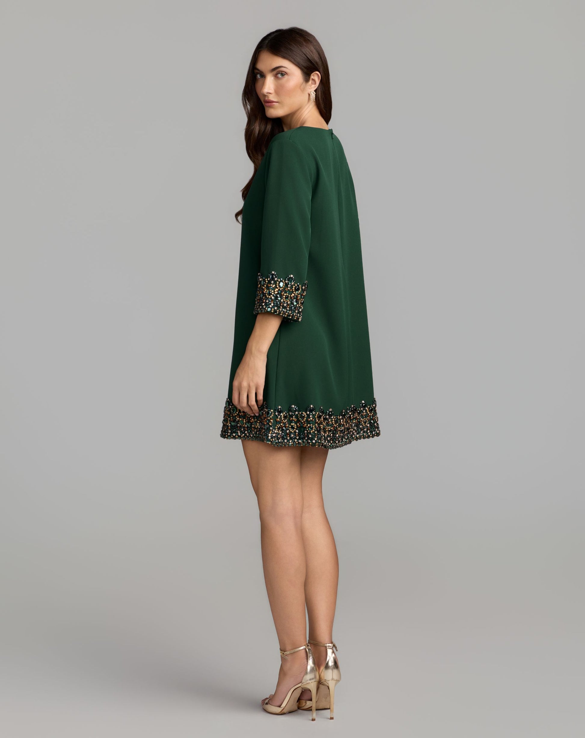 Green Embellished Trim Mini Dress With 3/4 Sleeves - Mac Duggal