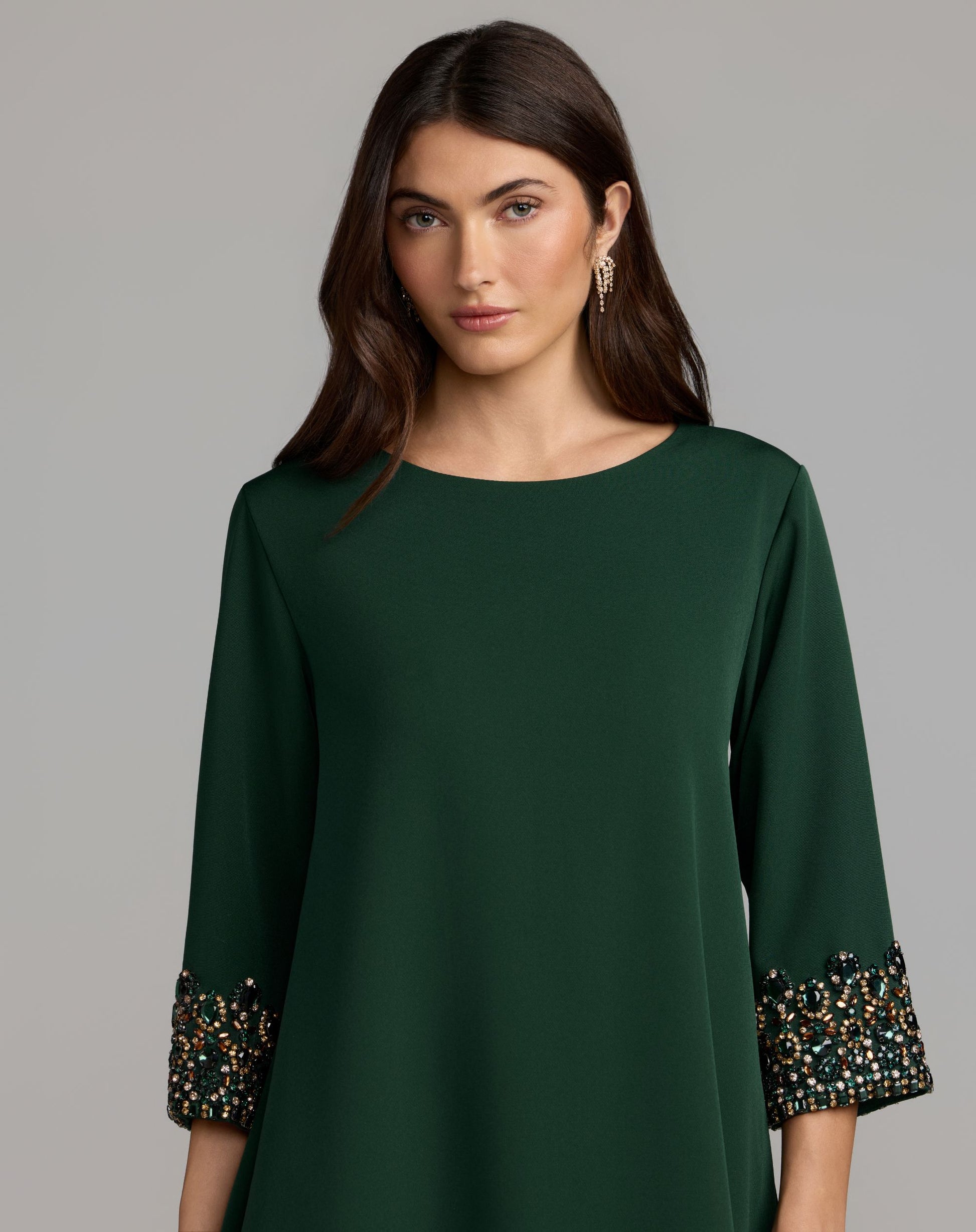 Green Embellished Trim Mini Dress With 3/4 Sleeves - Mac Duggal