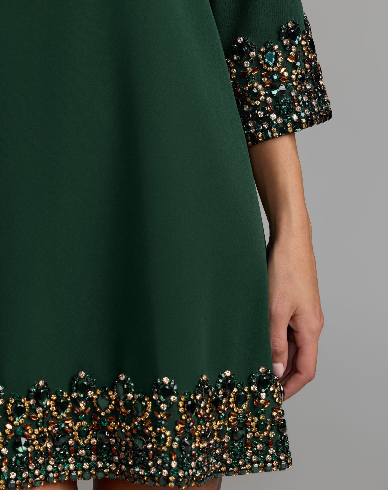 Green Embellished Trim Mini Dress With 3/4 Sleeves - Mac Duggal