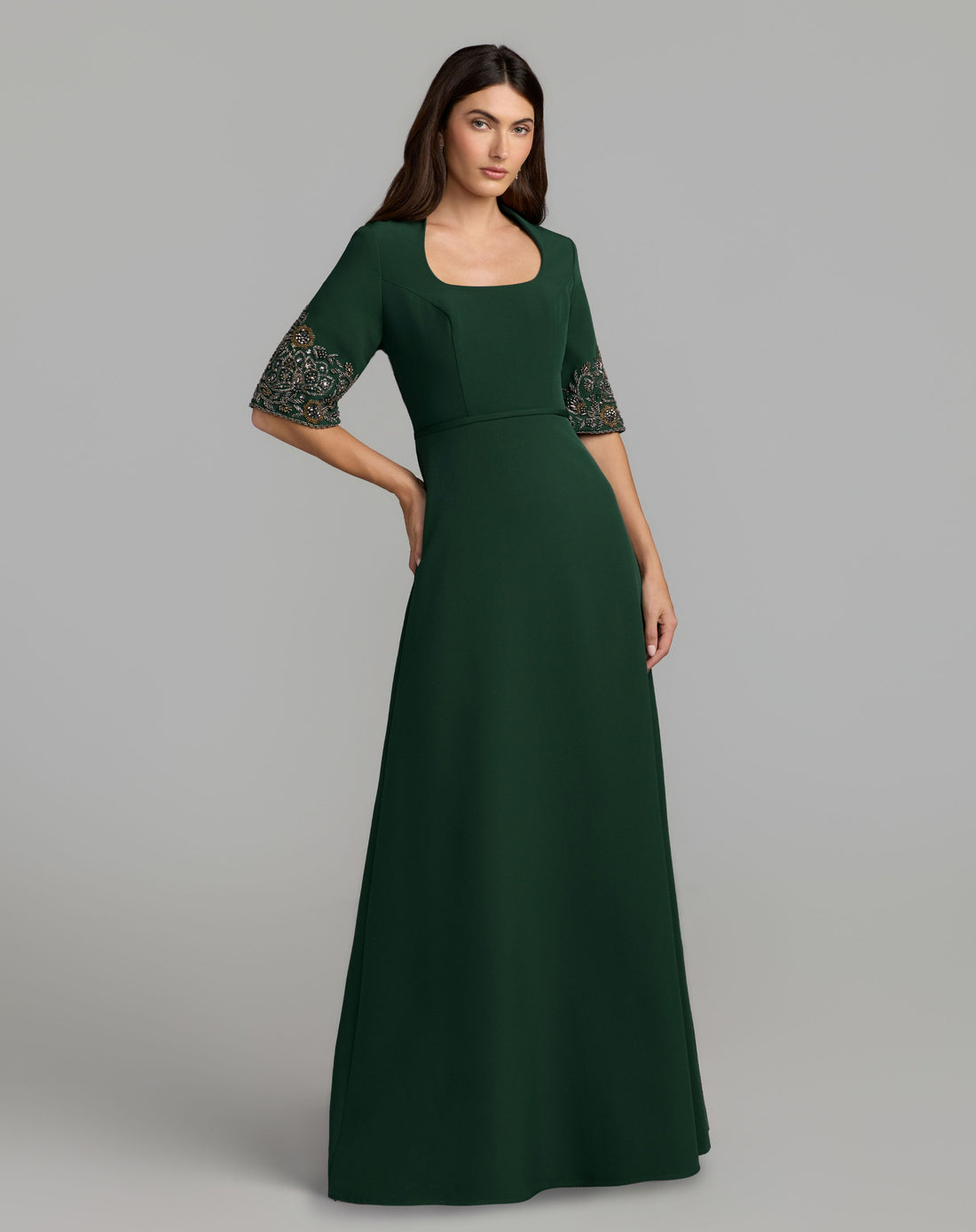 Deep Green Scoop Neck Beaded Sleeve Crepe Gown - Mac Duggal