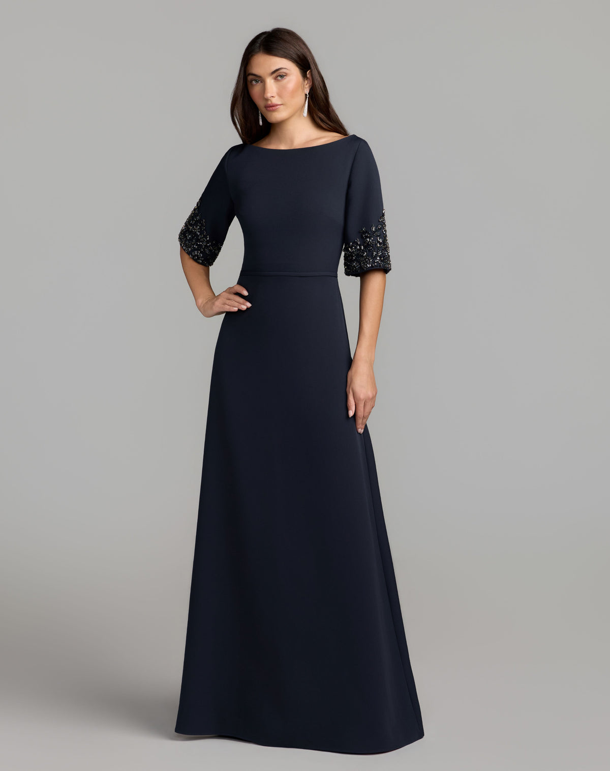Midnight A-Line Crepe Gown With Beaded Sleeves - Mac Duggal
