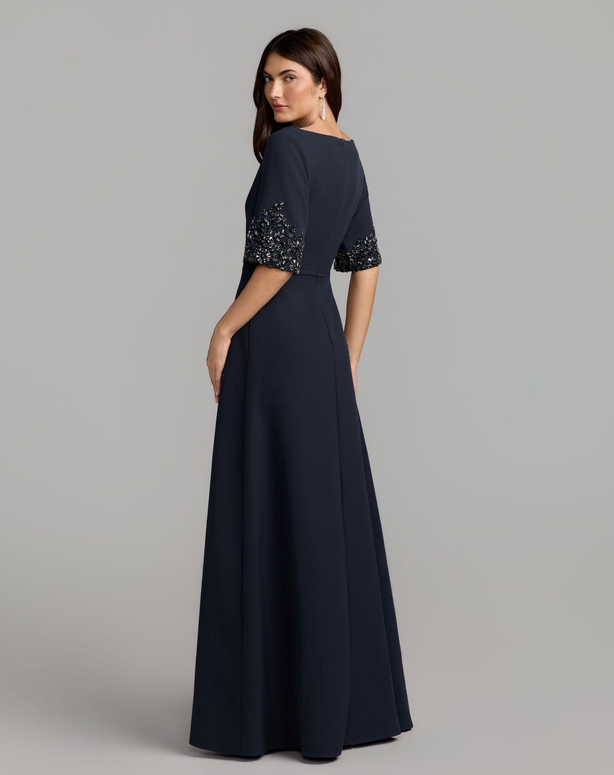 Midnight A-Line Crepe Gown With Beaded Sleeves - Mac Duggal