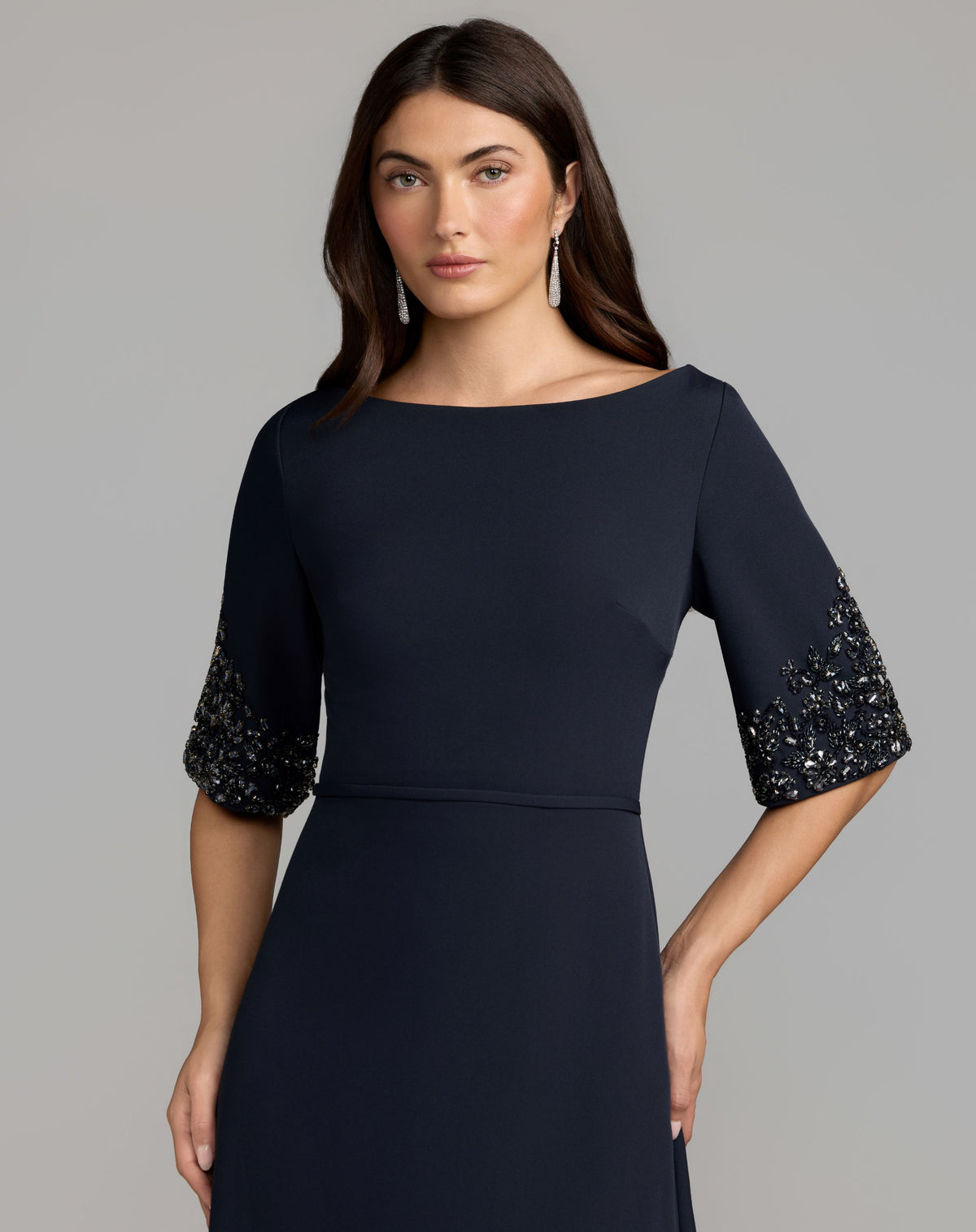 Midnight A-Line Crepe Gown With Beaded Sleeves - Mac Duggal