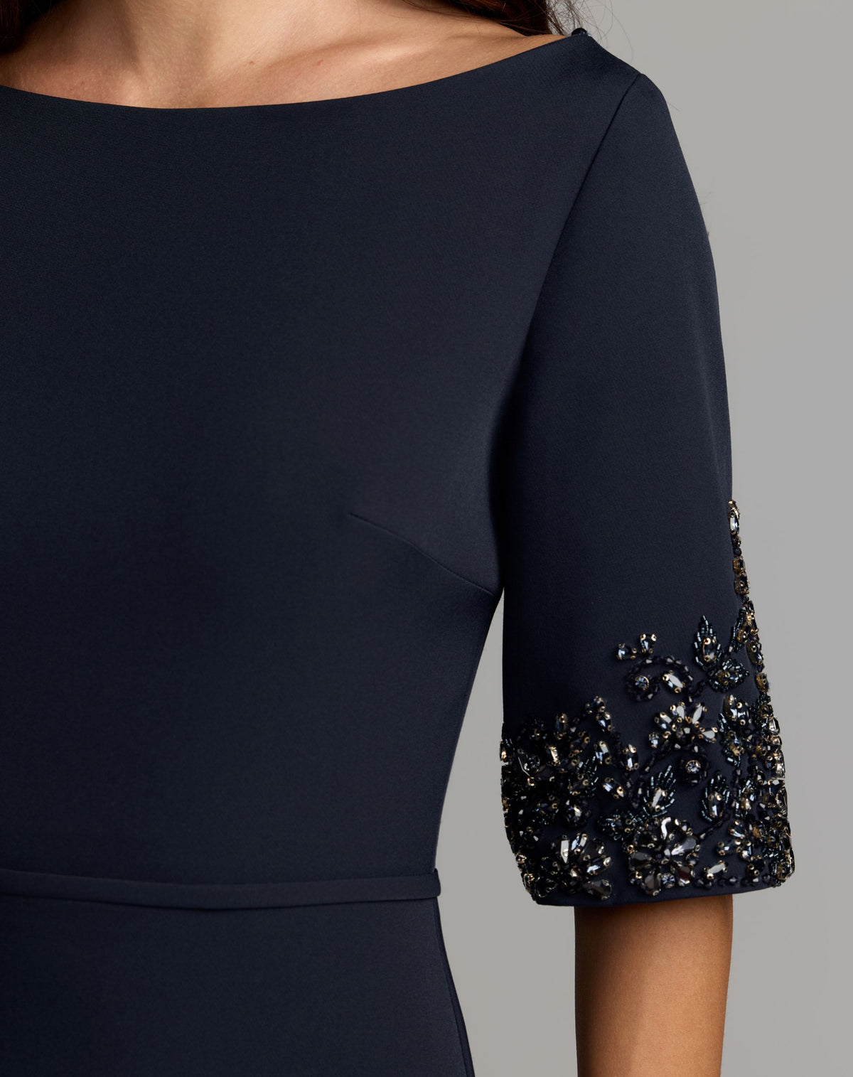 Midnight A-Line Crepe Gown With Beaded Sleeves - Mac Duggal