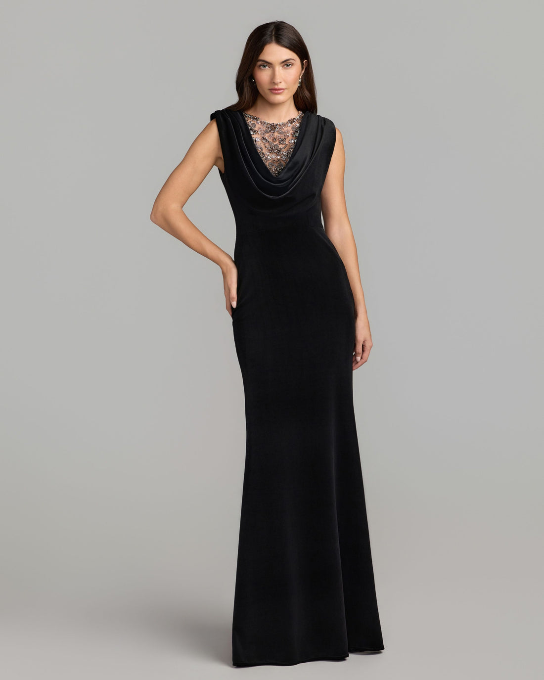 Black Velvet Cowl Gown With Sheer Beaded Neckline Mac Duggal