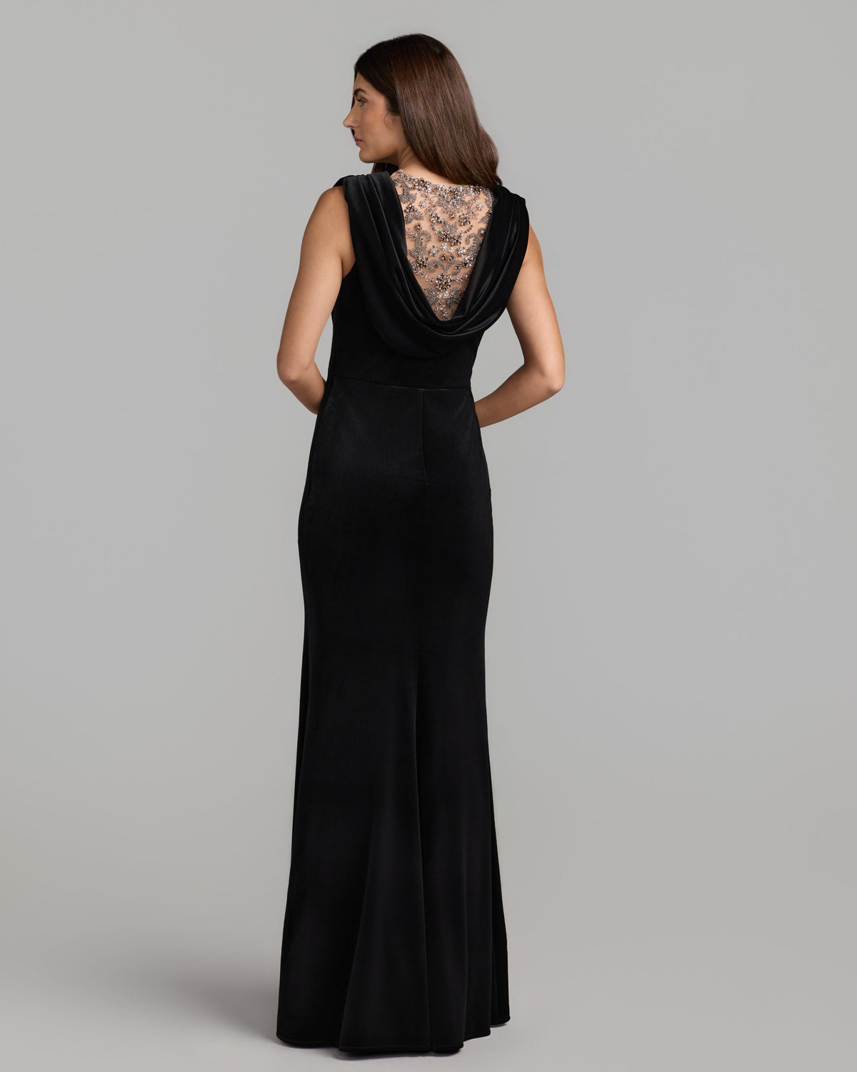 Black Velvet Cowl Gown With Sheer Beaded Neckline Mac Duggal