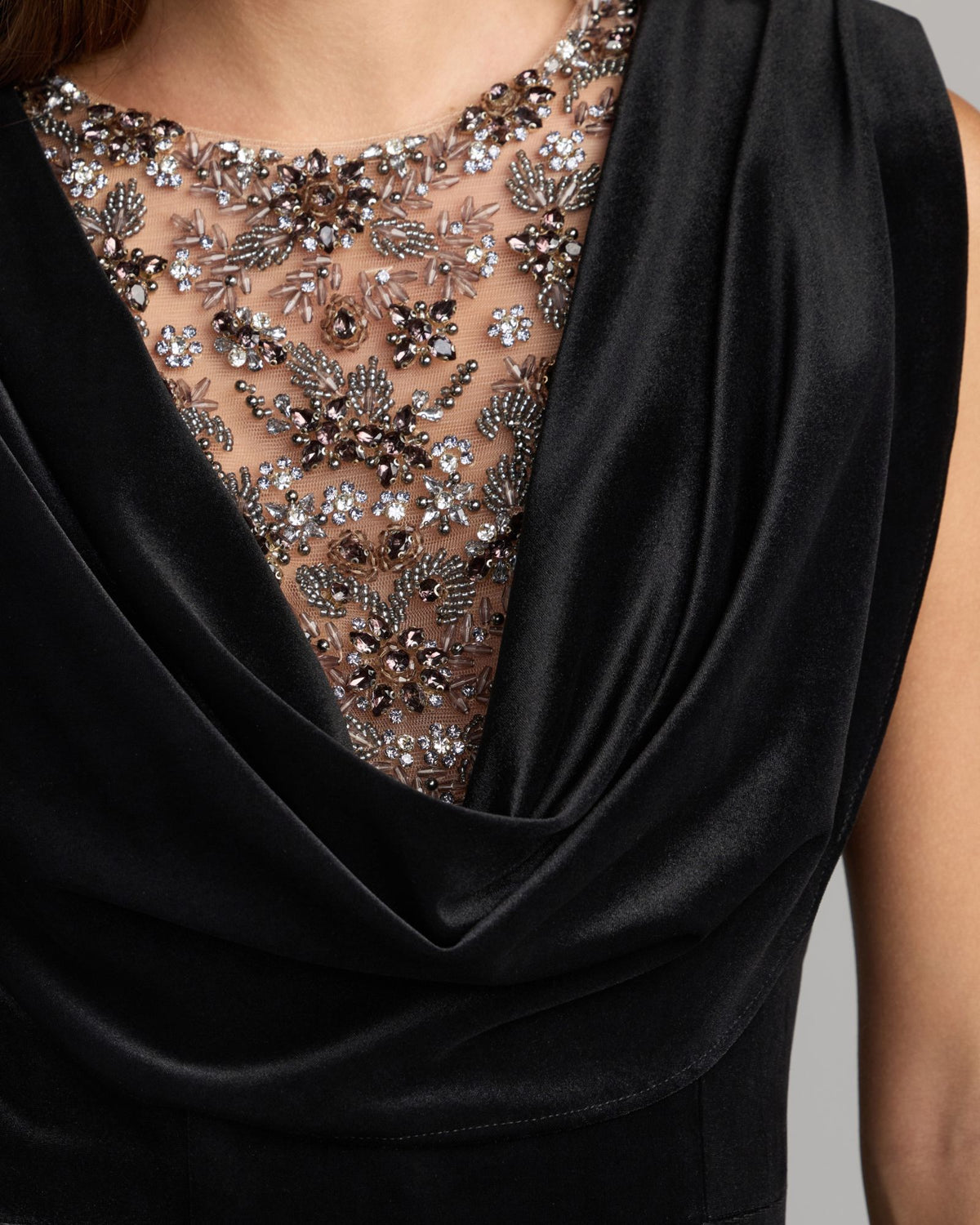 Black Velvet Cowl Gown With Sheer Beaded Neckline Mac Duggal