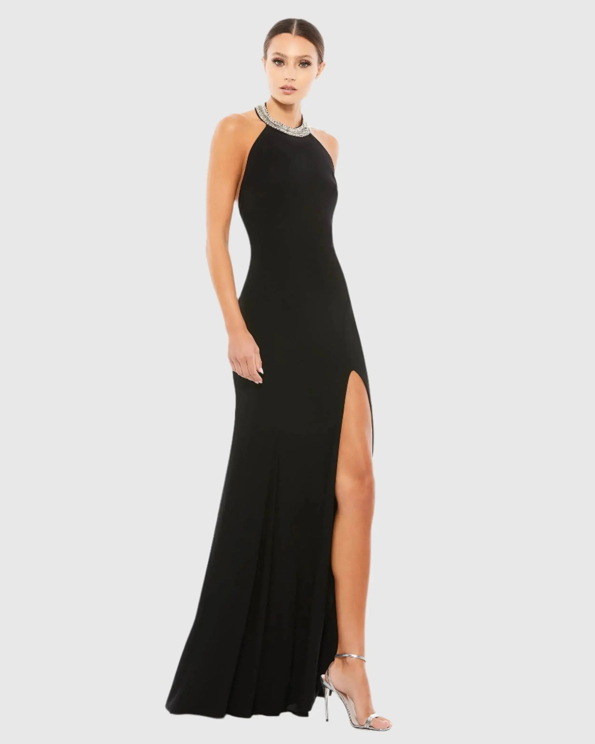Black Beaded Halter Jersey Gown - Ieena for Mac Duggal