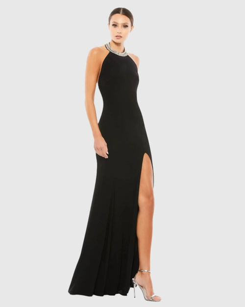 Black Beaded Halter Jersey Gown - Ieena for Mac Duggal