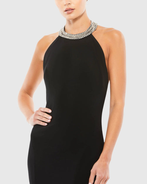 Beaded Halter Jersey Gown