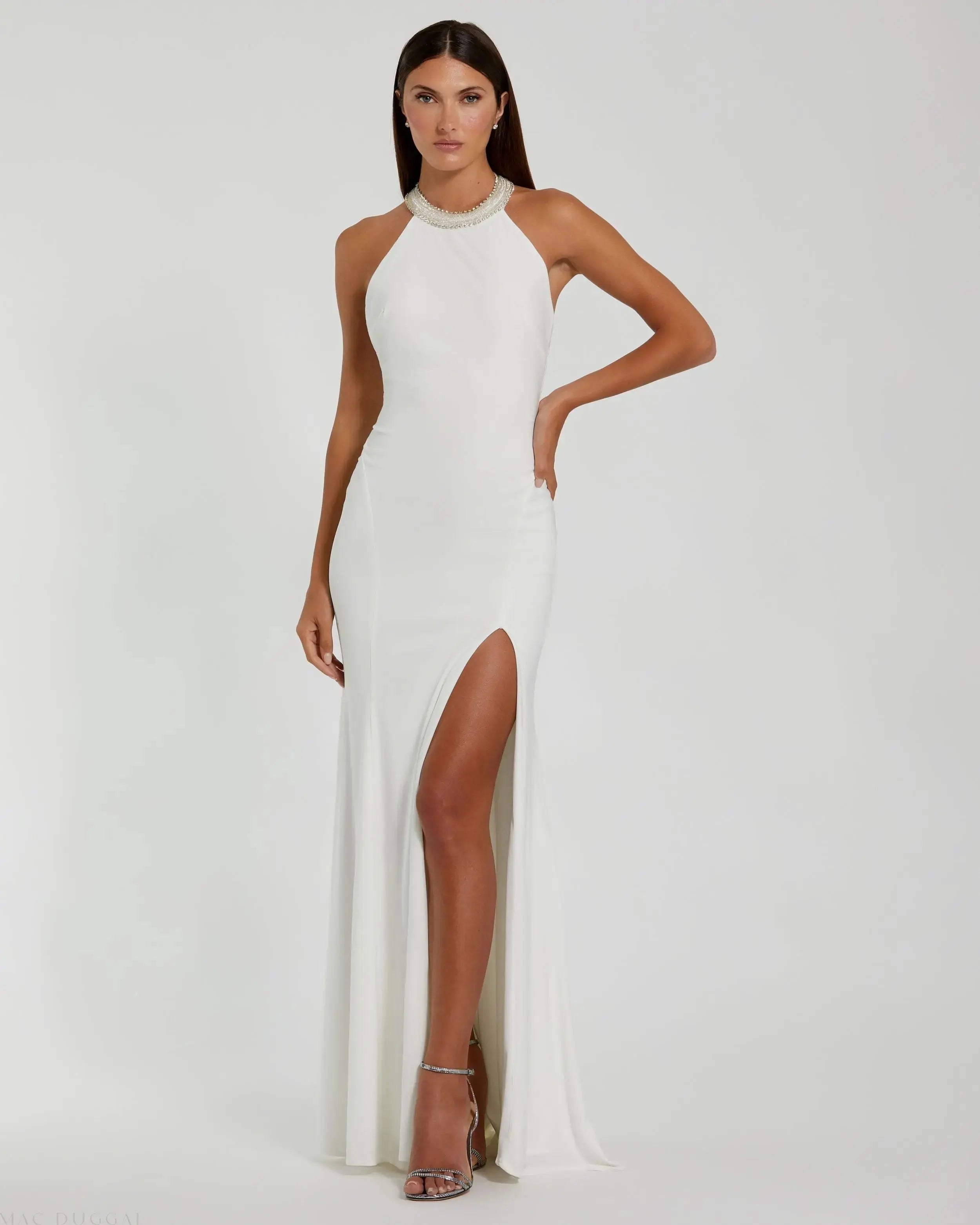 White Beaded Halter Jersey Gown - Mac Duggal
