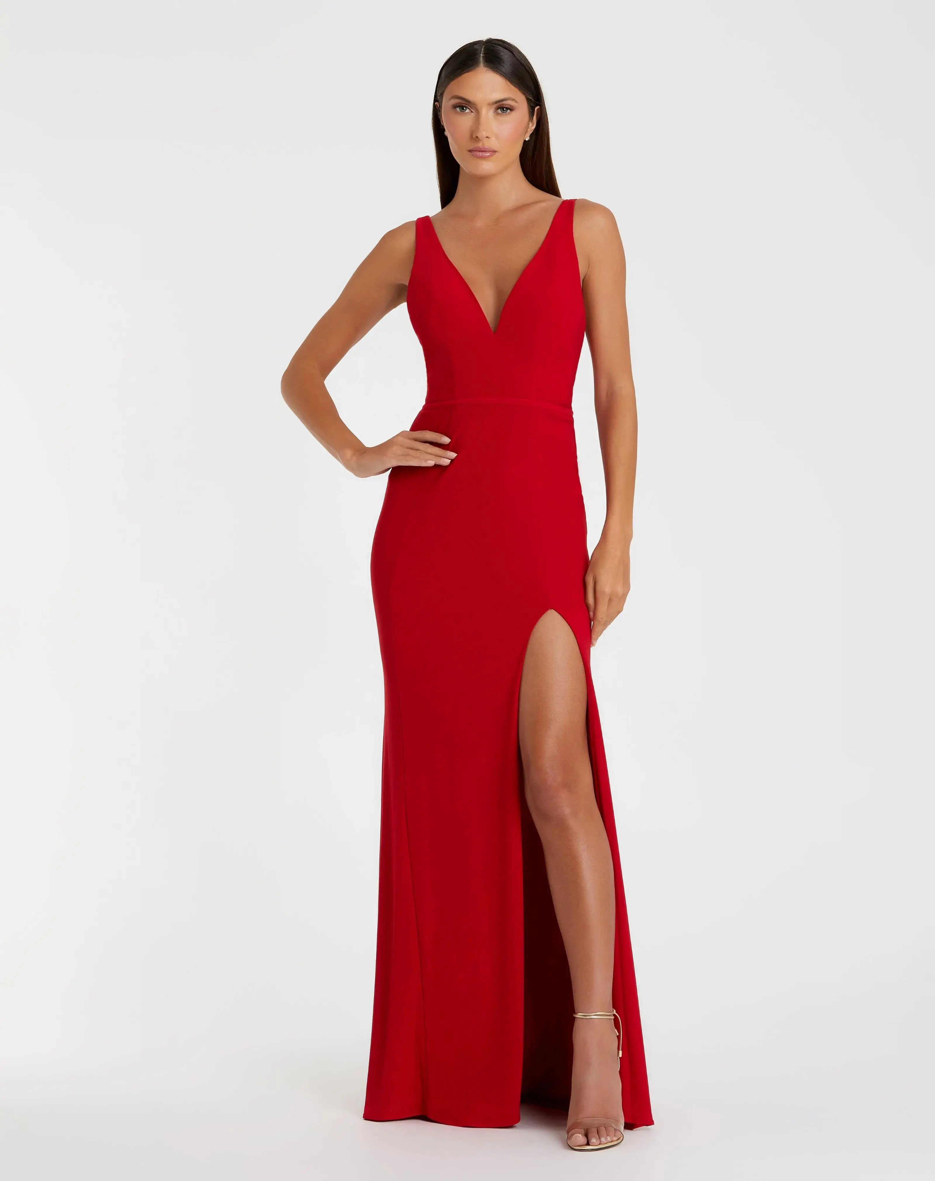 Red Plunge Neck High Slit Gown - Mac Duggal