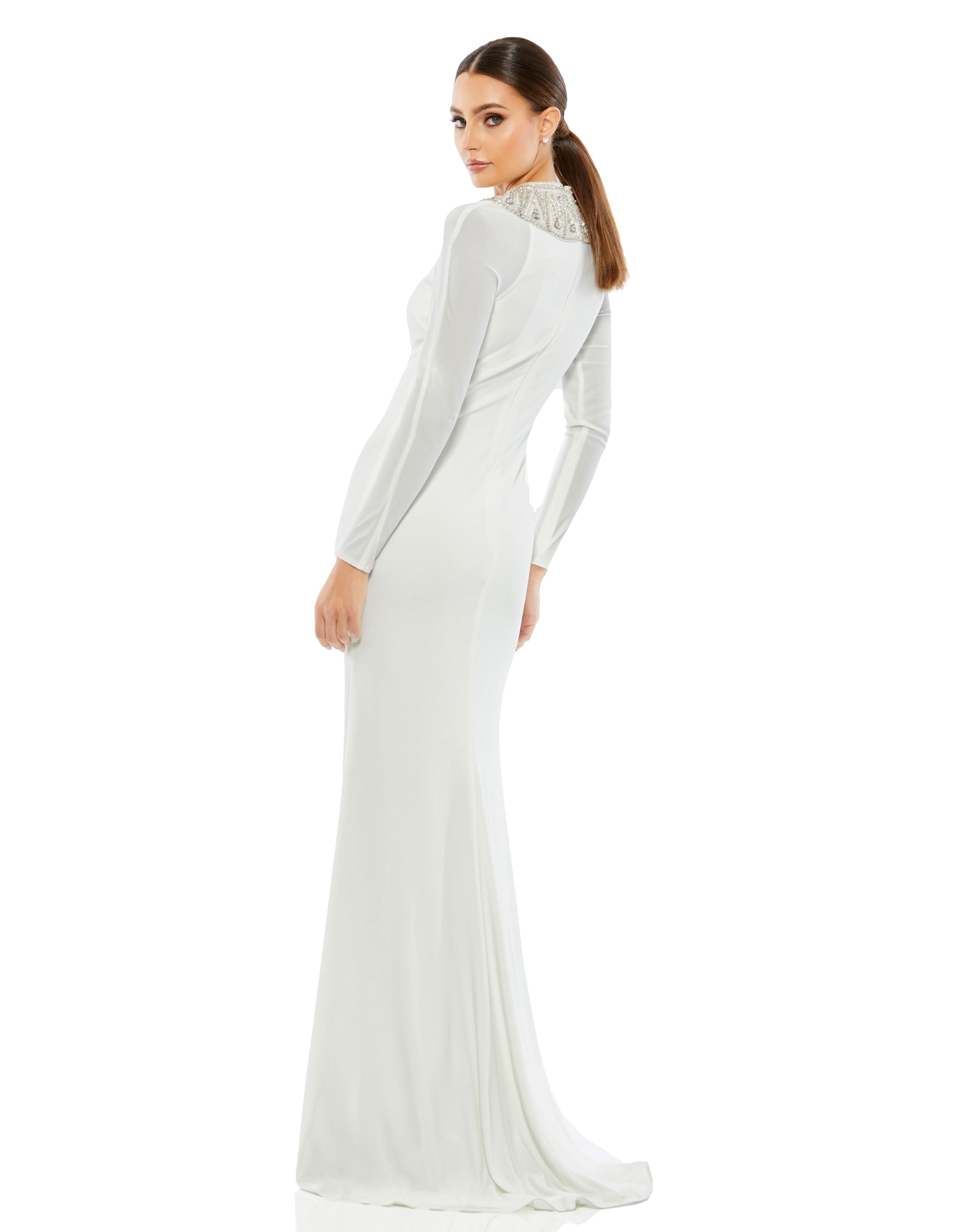 Long Sleeve Embellished Neckline Jersey Gown | Sample | Sz. 2