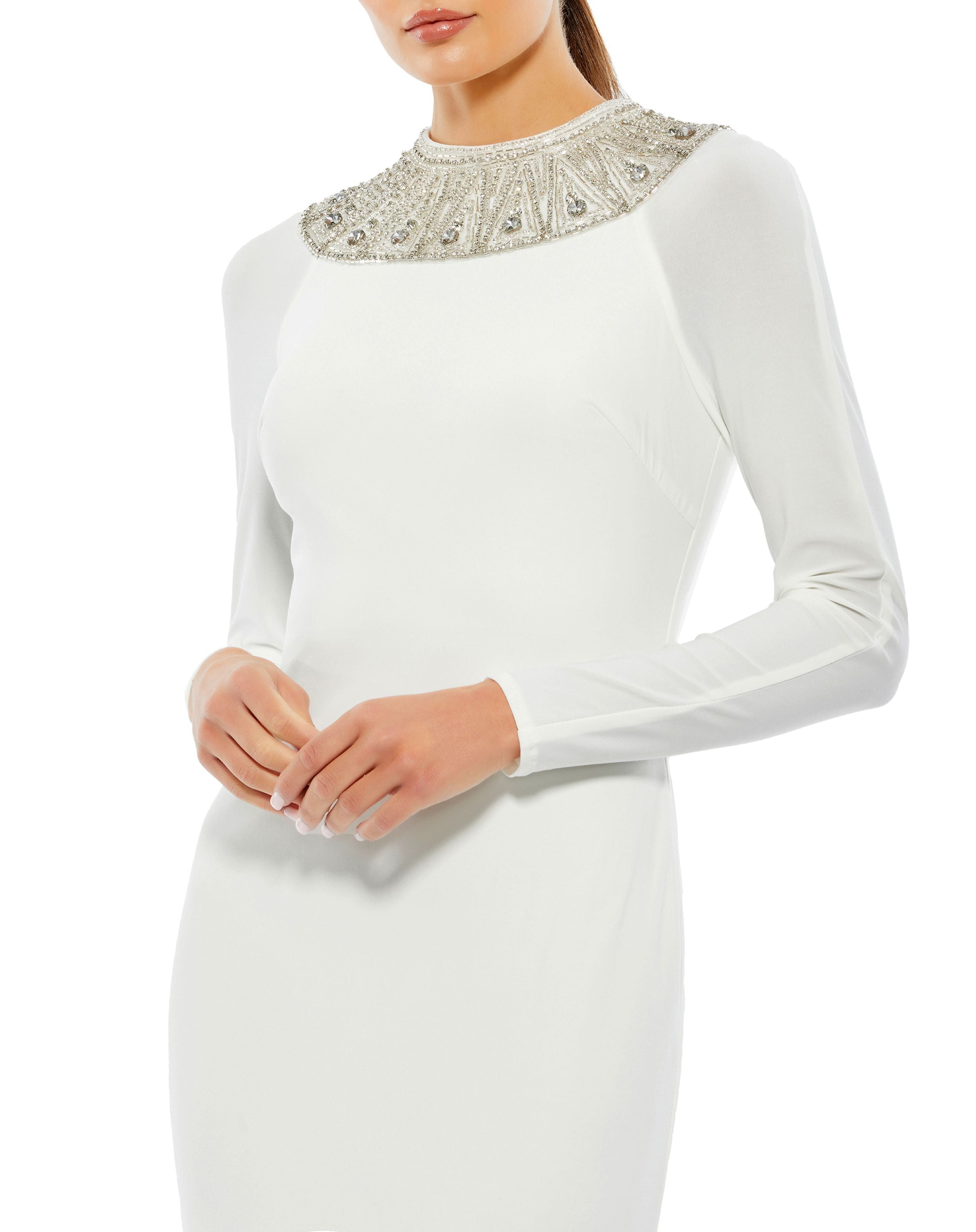Long Sleeve Embellished Neckline Jersey Gown | Sample | Sz. 2