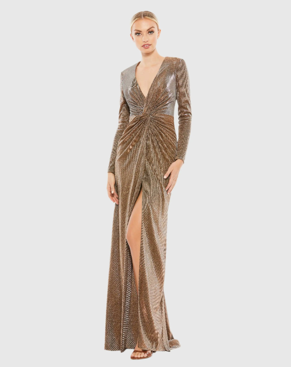 Brown Front Twist V Neck Long Sleeve Gown - Mac Duggal