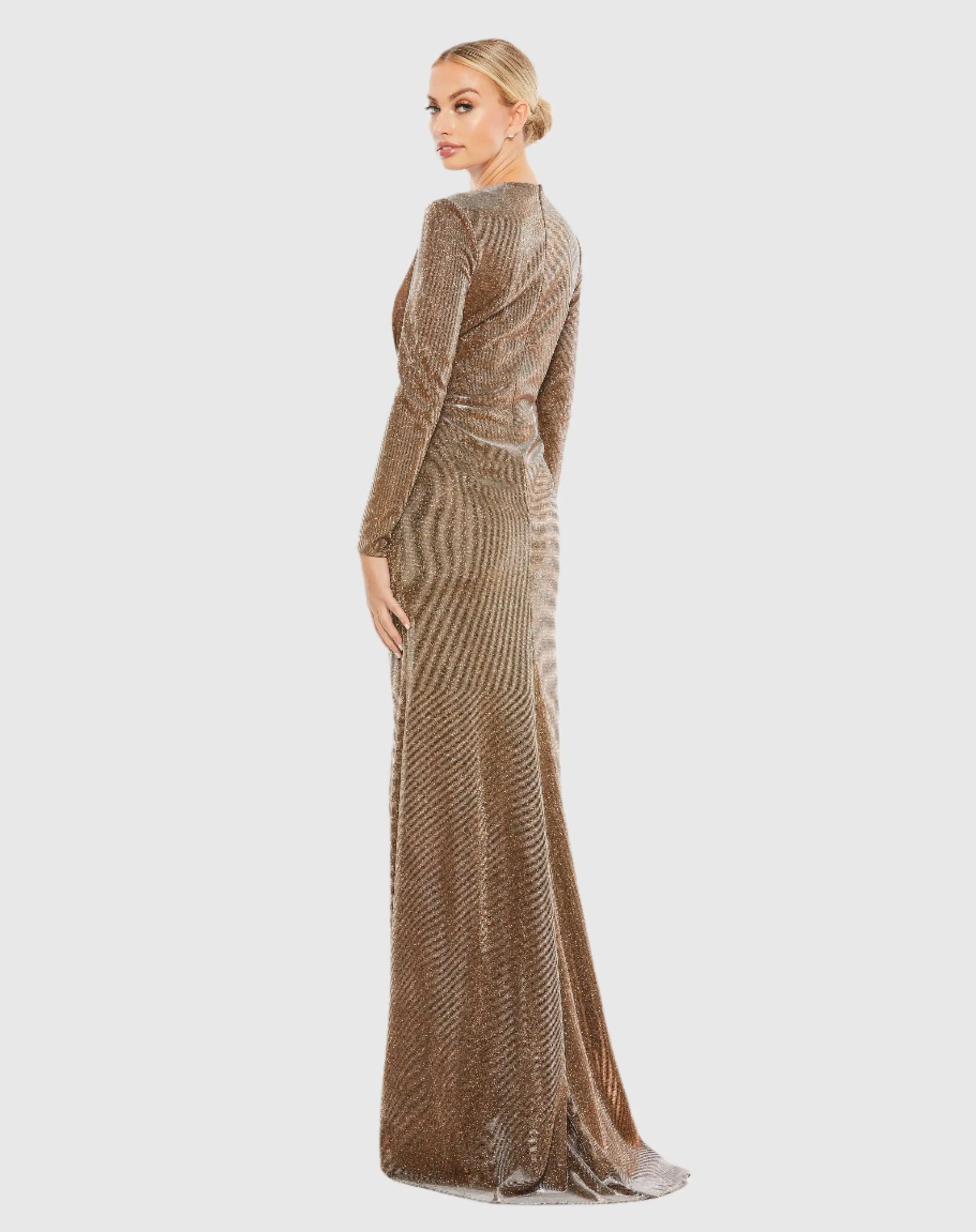 Brown Front Twist V Neck Long Sleeve Gown - Mac Duggal