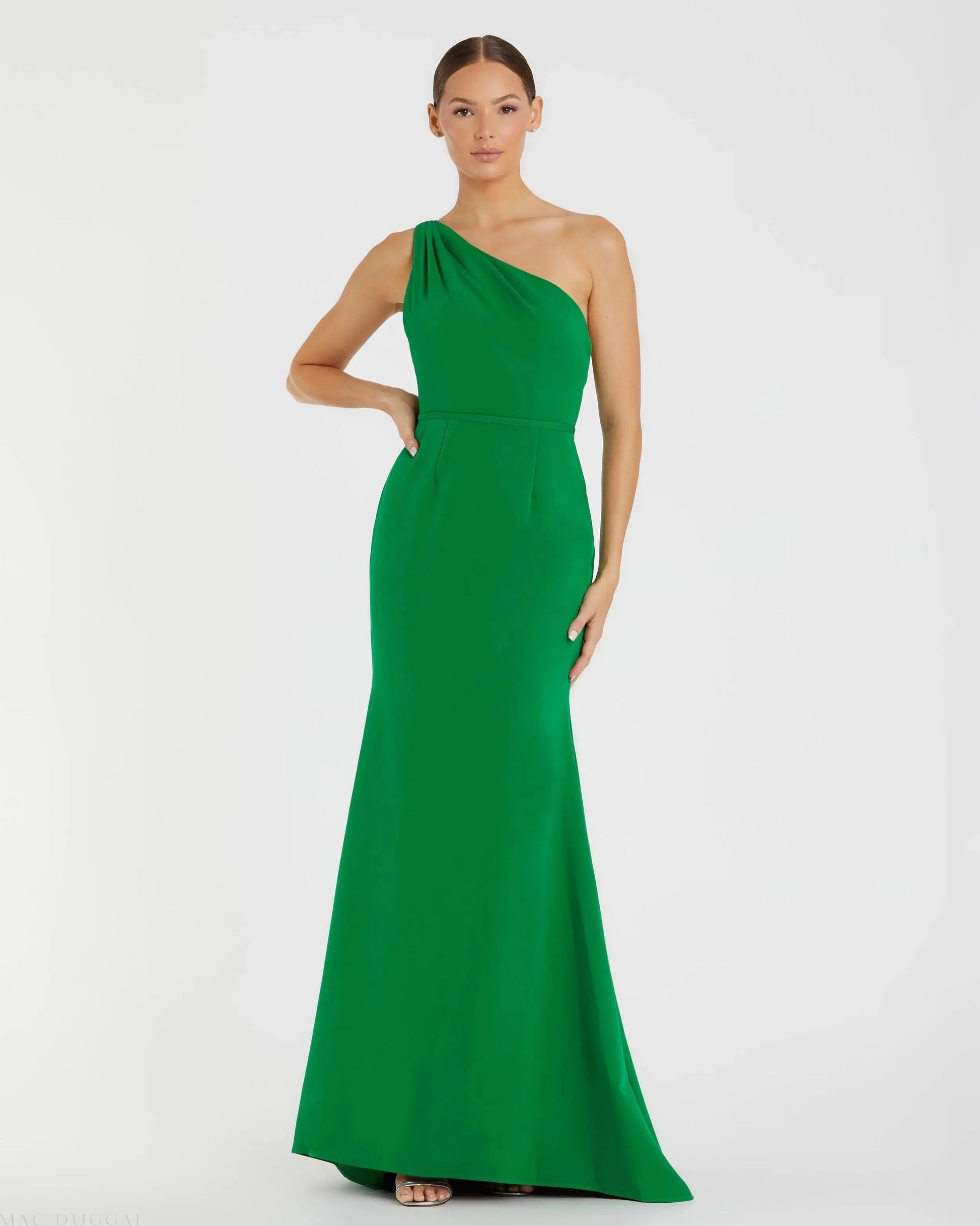 Green One Shoulder Crepe Mermaid Gown - Mac Duggal Green One Shoulder Crepe Mermaid Gown - Mac Duggal