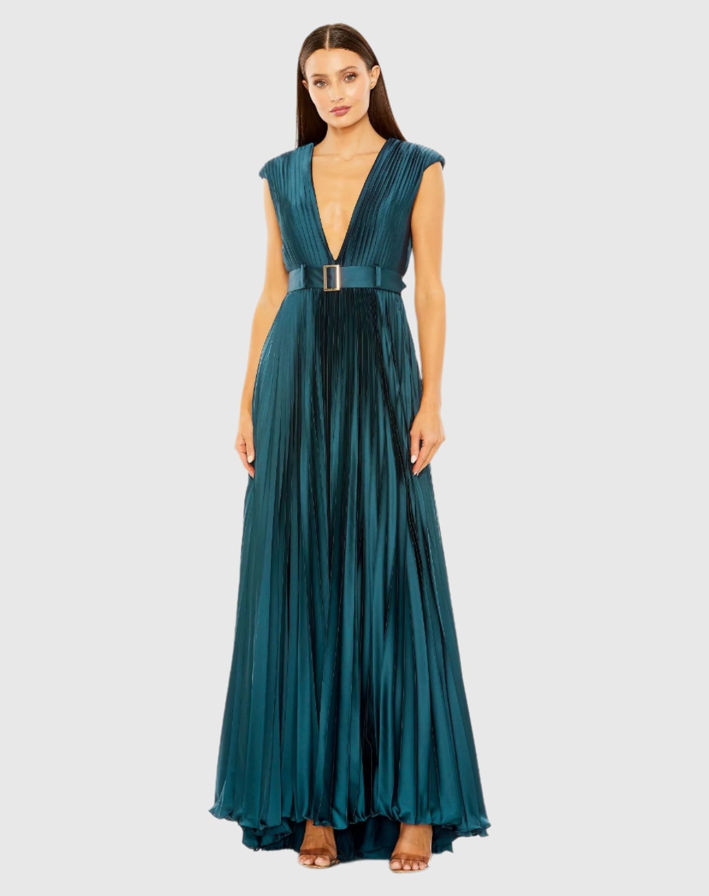 Pleated Plunge Neck Belted A Line Gown