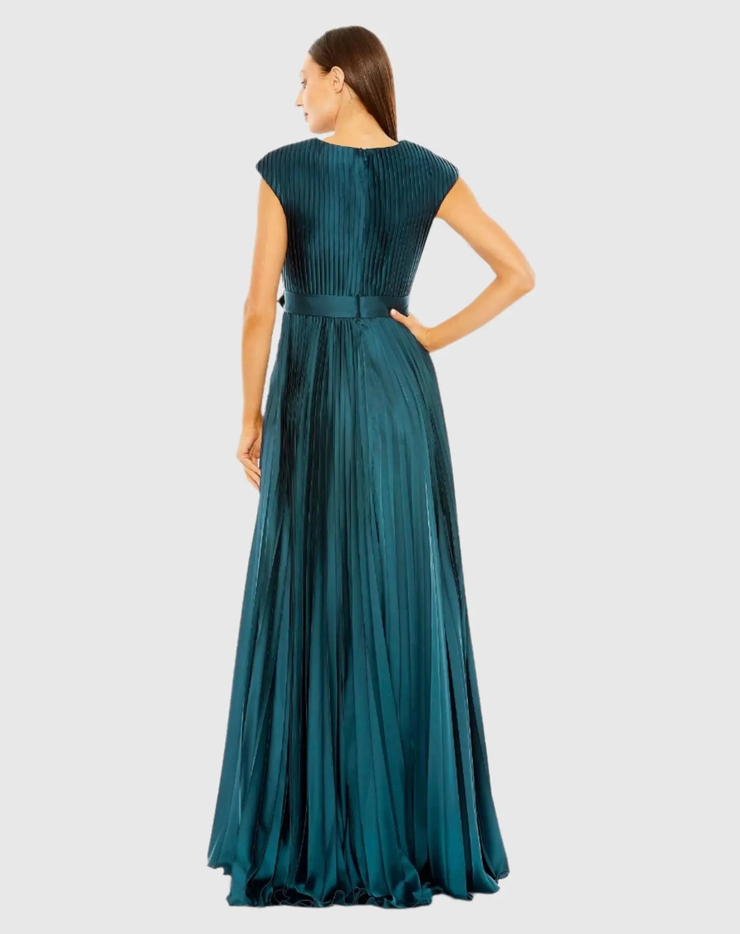 Blue Pleated Plunge Neck Belted A Line Gown - Mac Duggal