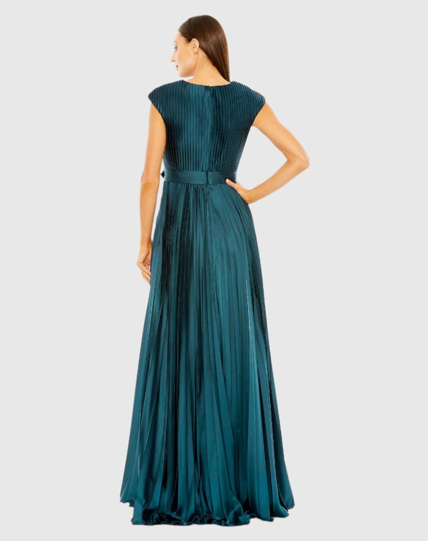 Pleated Plunge Neck Belted A Line Gown