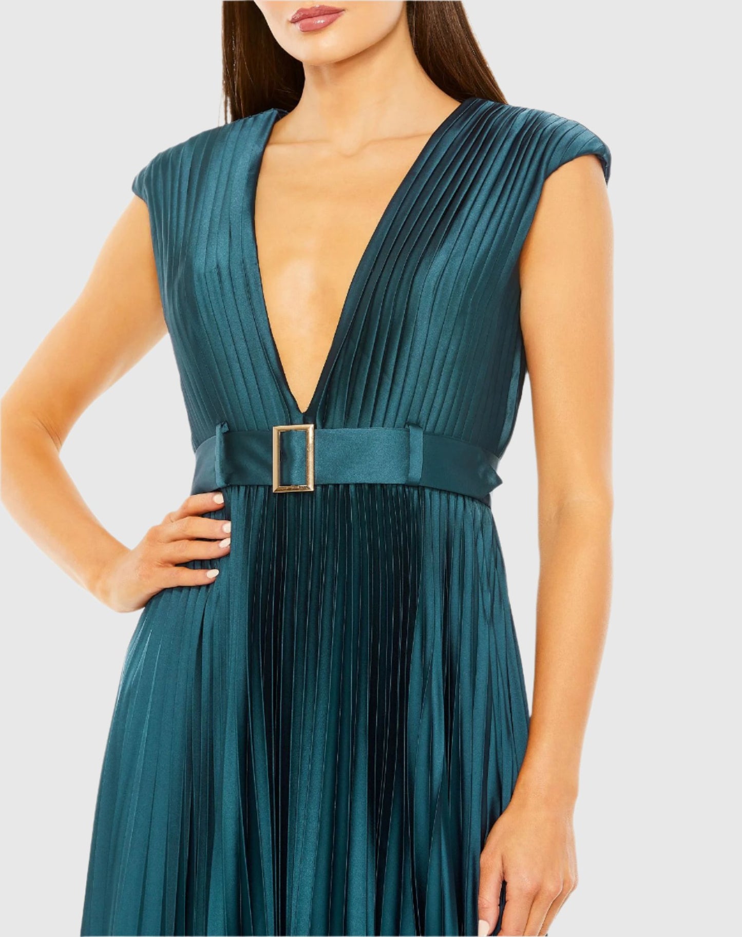 Pleated Plunge Neck Belted A Line Gown