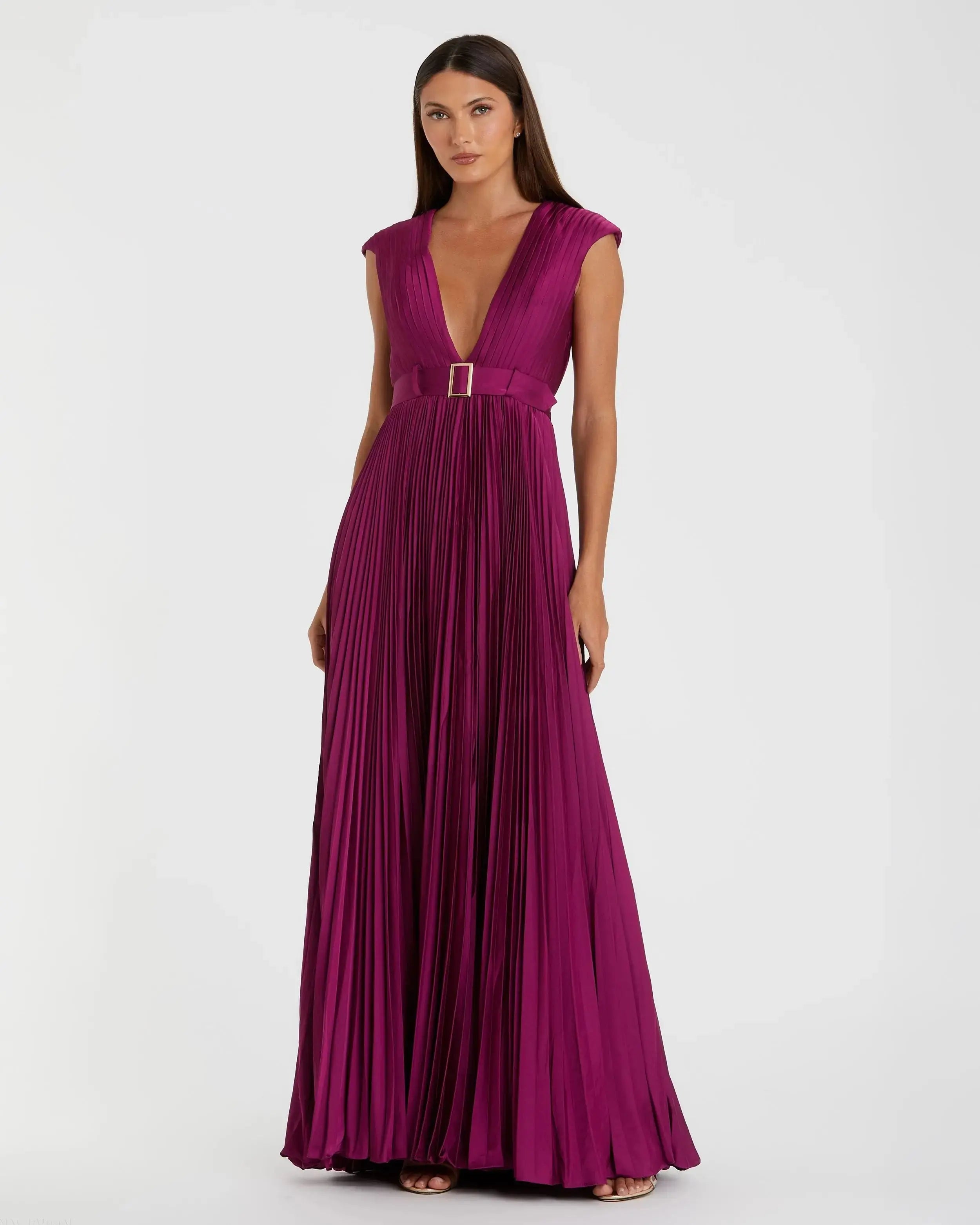 Purple Pleated Plunge Neck Belted A Line Gown Ieena for Mac Duggal