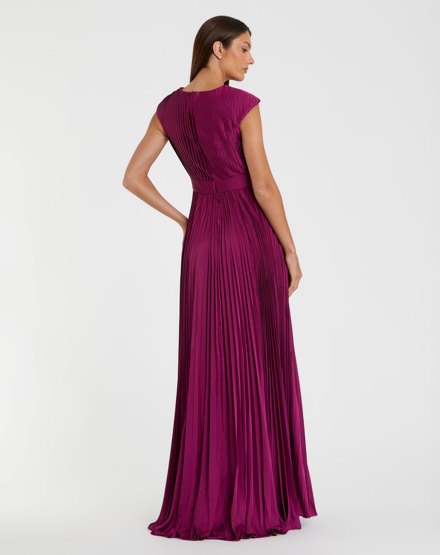 Pleated Plunge Neck Belted A Line Gown