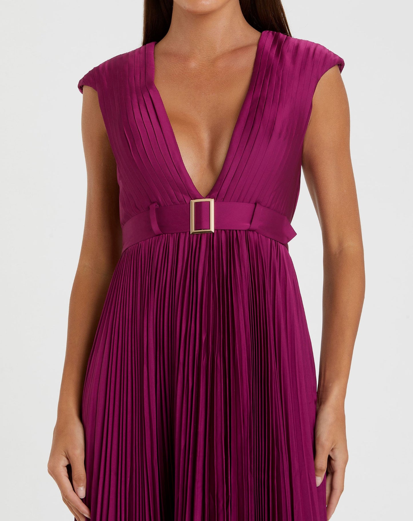 Pleated Plunge Neck Belted A Line Gown