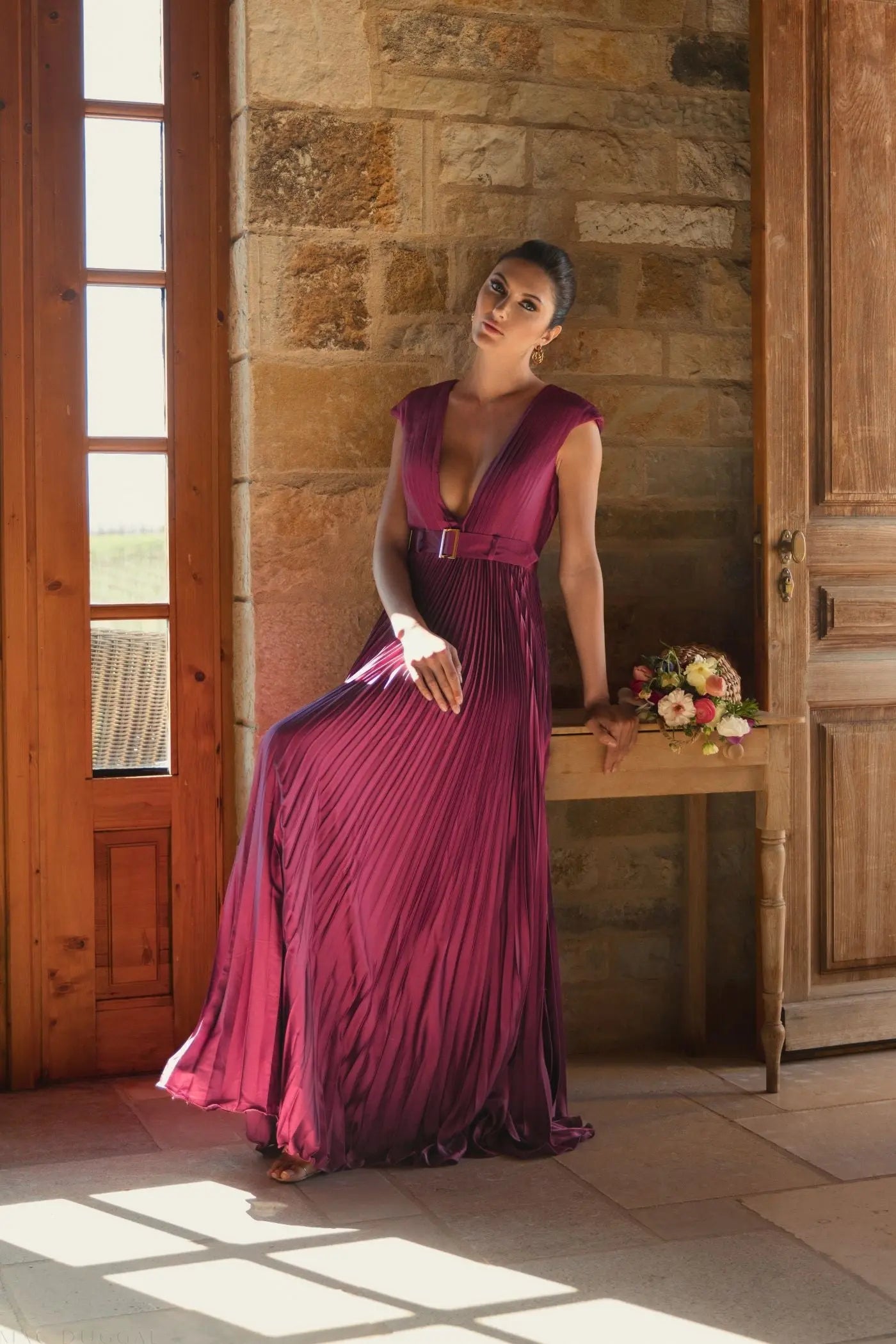 Purple Pleated Plunge Neck Belted A Line Gown - Ieena for Mac Duggal