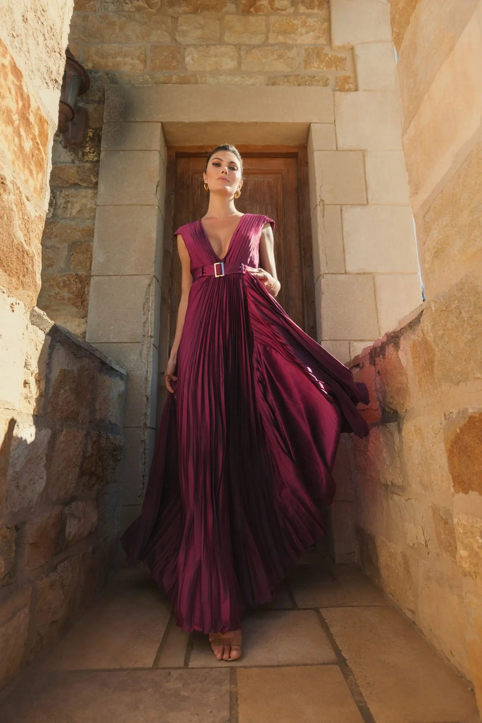 Purple Pleated Plunge Neck Belted A Line Gown - Ieena for Mac Duggal