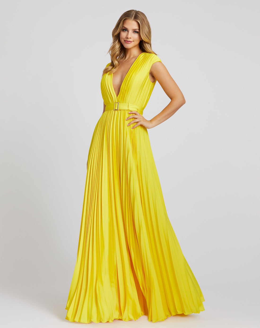 Pleated Plunge Neck Belted A Line Gown