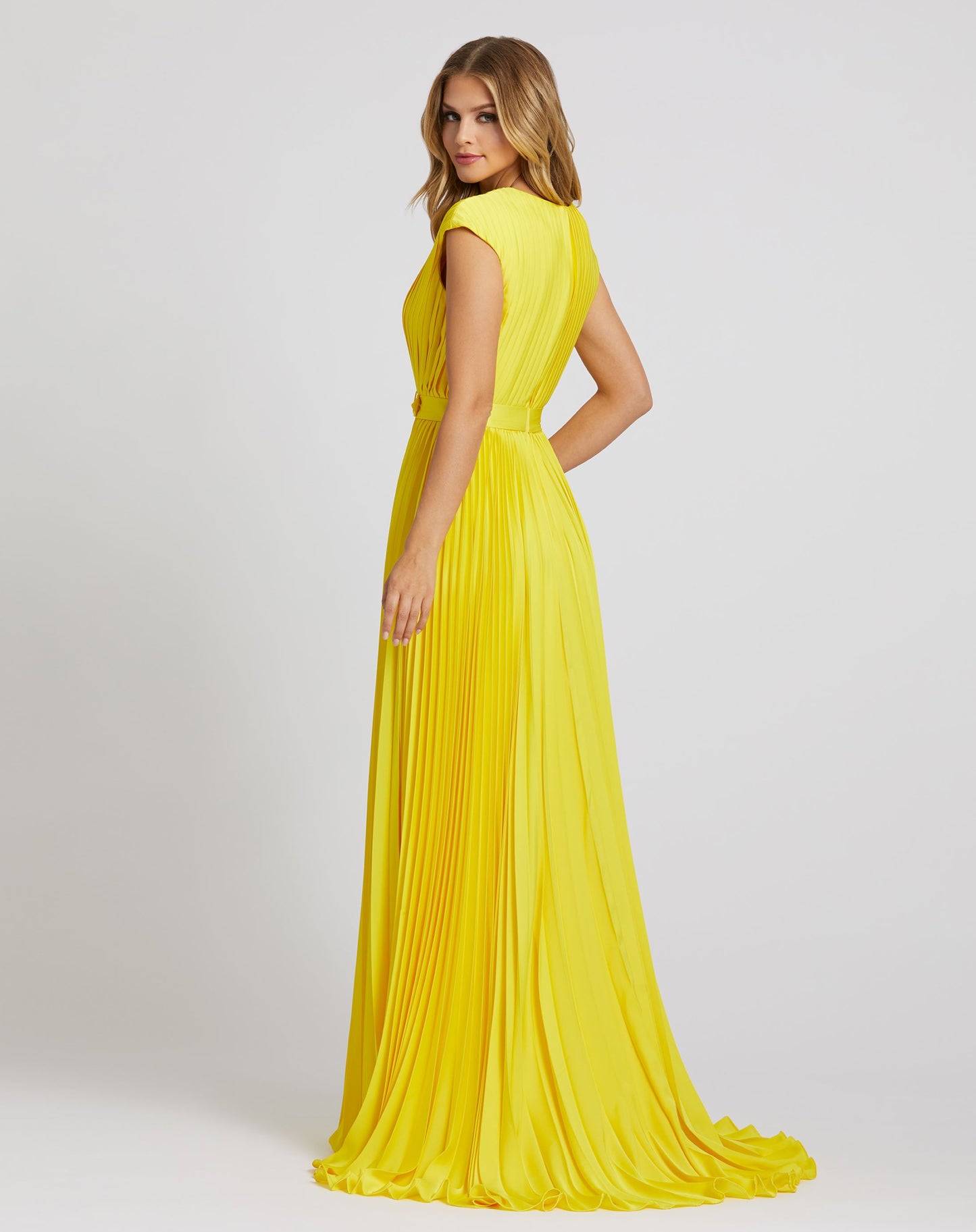 Pleated Plunge Neck Belted A Line Gown