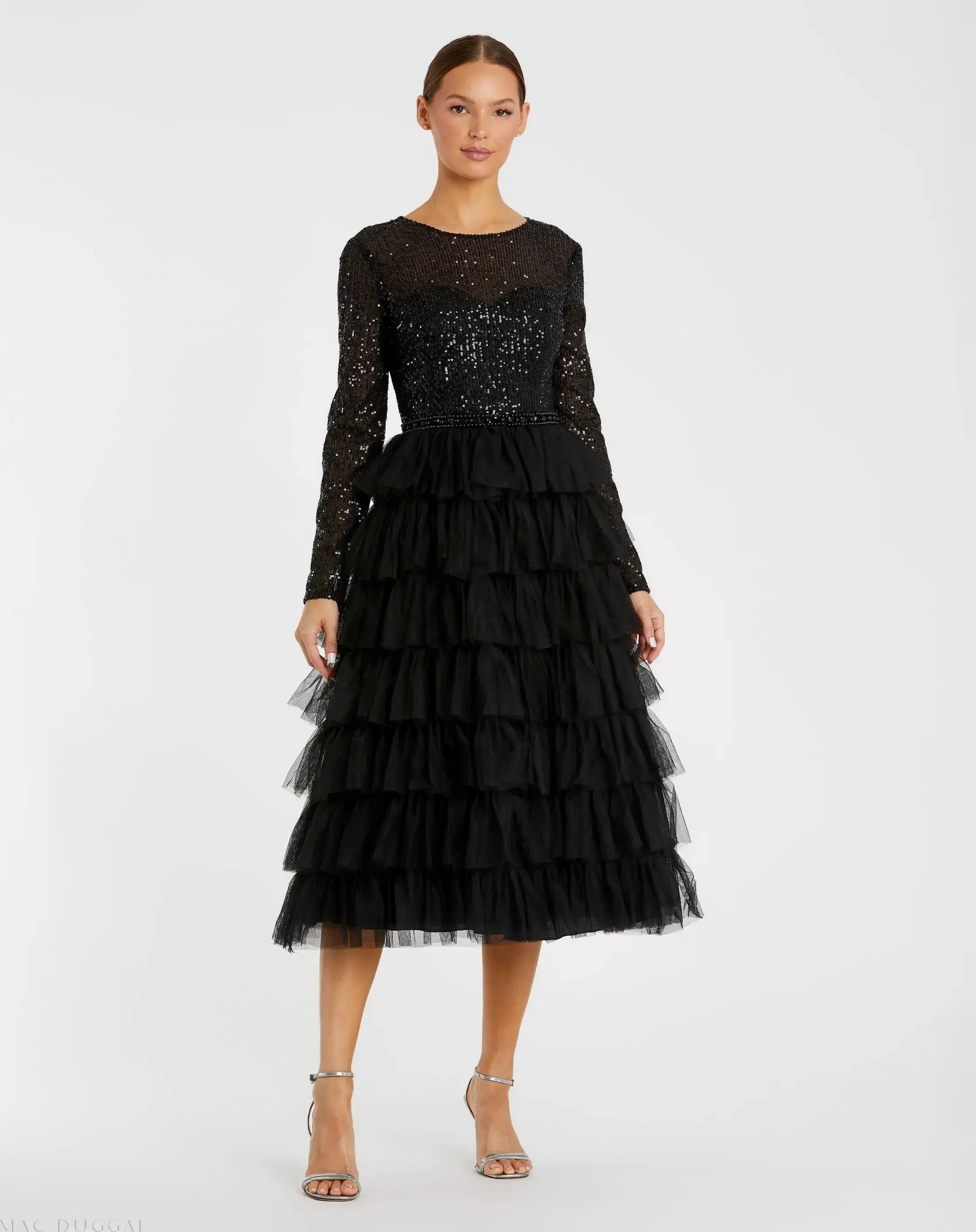 Black Long Sleeve Ruffle Tiered Midi Dress - Mac Duggal Black Long Sleeve Ruffle Tiered Midi Dress - Mac Duggal
