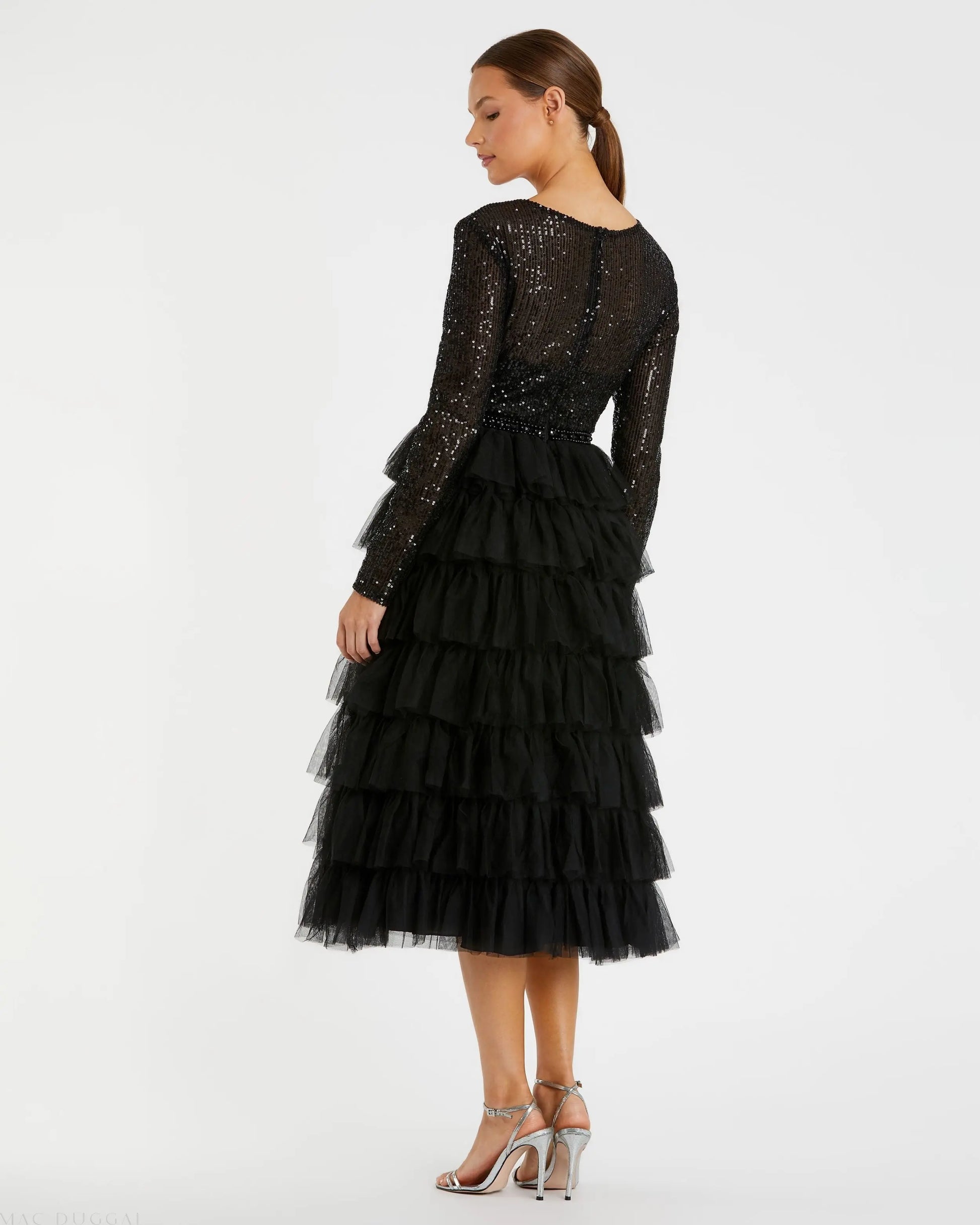Black Long Sleeve Ruffle Tiered Midi Dress - Mac Duggal Black Long Sleeve Ruffle Tiered Midi Dress - Mac Duggal