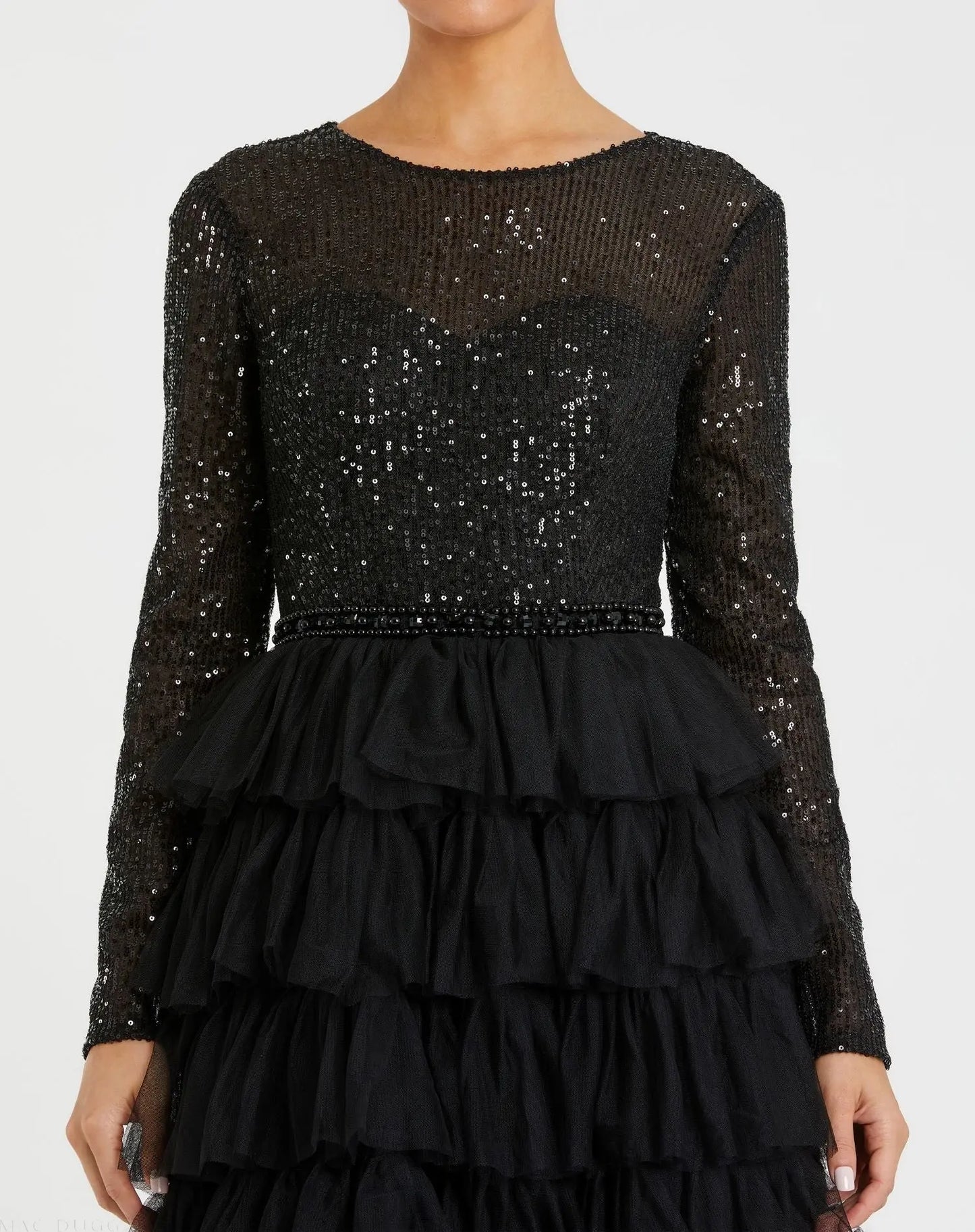 black long sleeve tiered midi dress Black Jacquard V Neck Long Sleeve Tiered Midi Dress