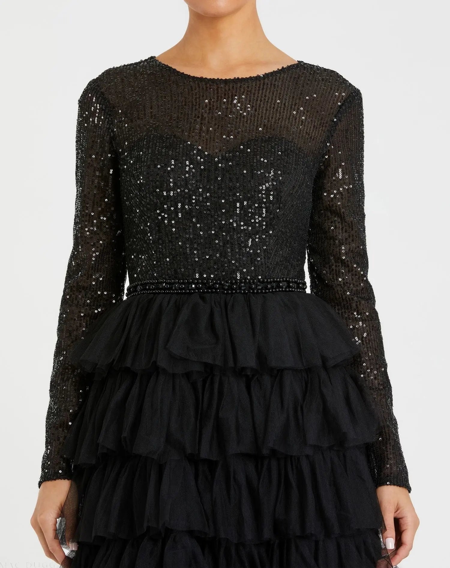 Black Long Sleeve Ruffle Tiered Midi Dress - Ieena for Mac Duggal