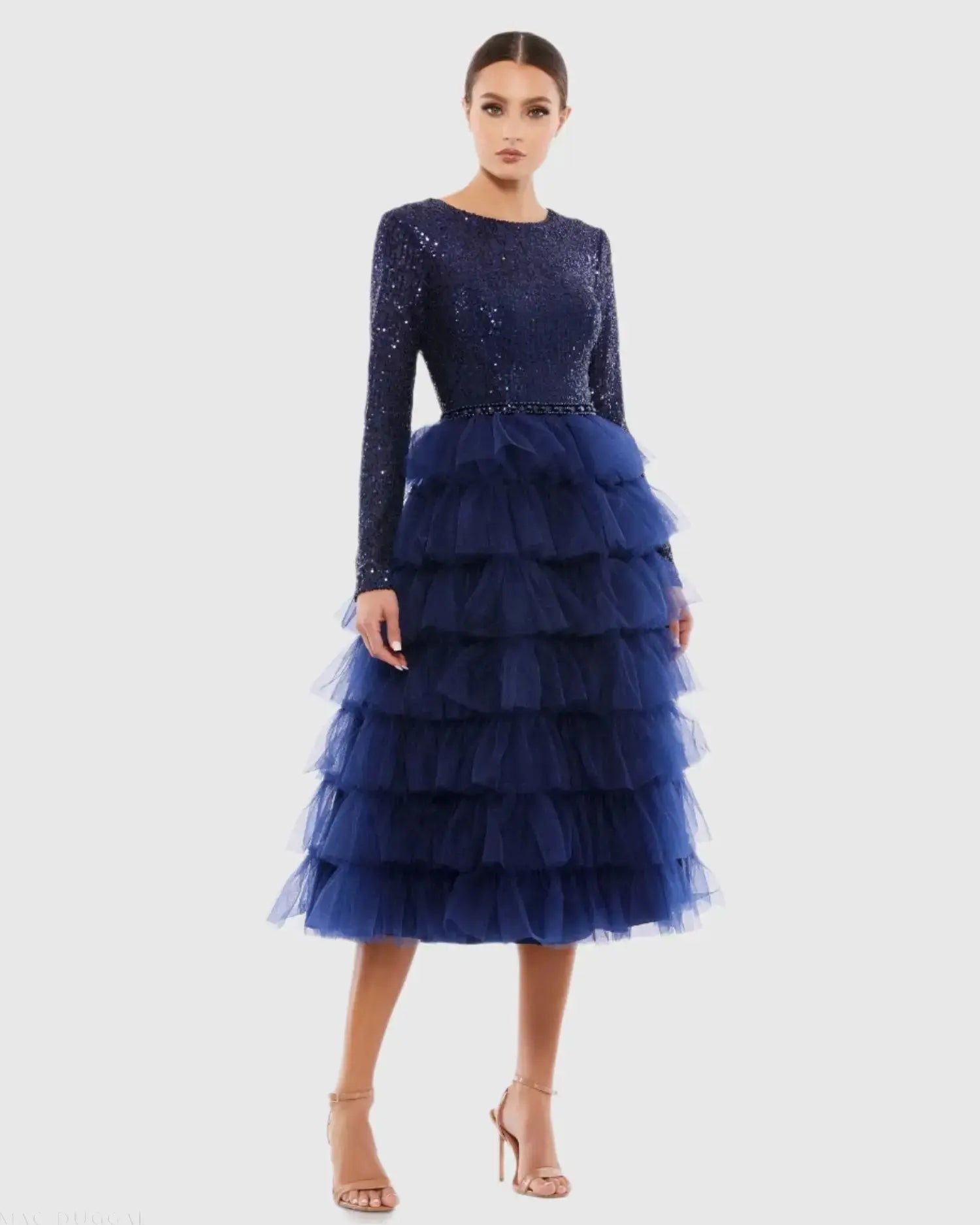 Navy Long Sleeve Ruffle Tiered Midi Dress - Ieena for Mac Duggal