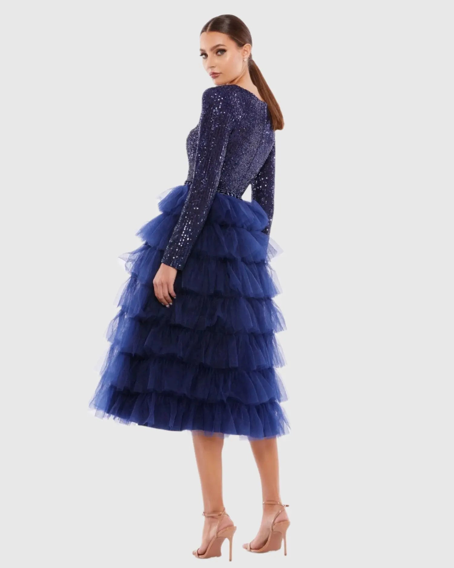 Navy Long Sleeve Ruffle Tiered Midi Dress - Mac Duggal Navy Long Sleeve Ruffle Tiered Midi Dress - Mac Duggal