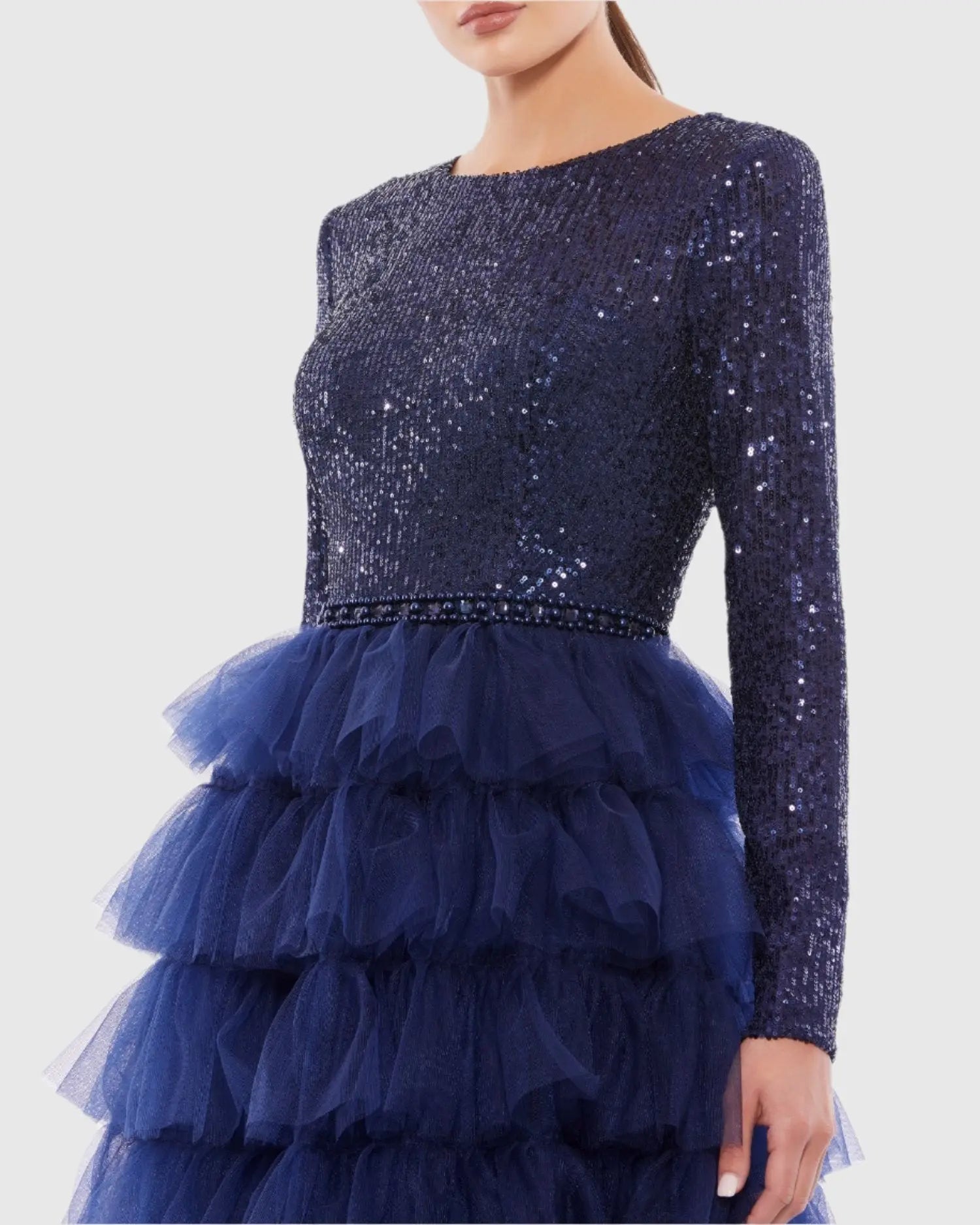 Navy Long Sleeve Ruffle Tiered Midi Dress - Ieena for Mac Duggal