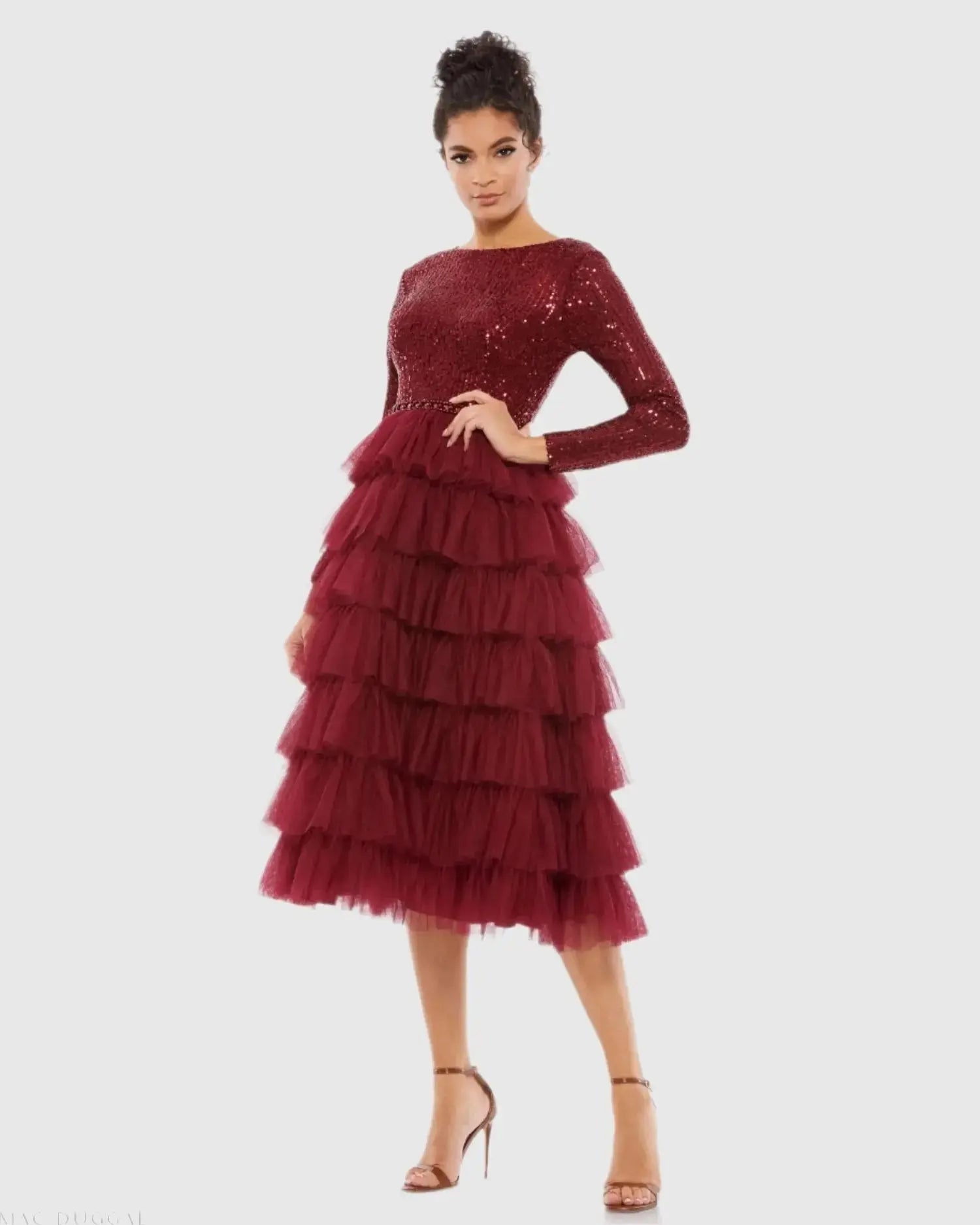 Red Long Sleeve Ruffle Tiered Midi Dress - Mac Duggal