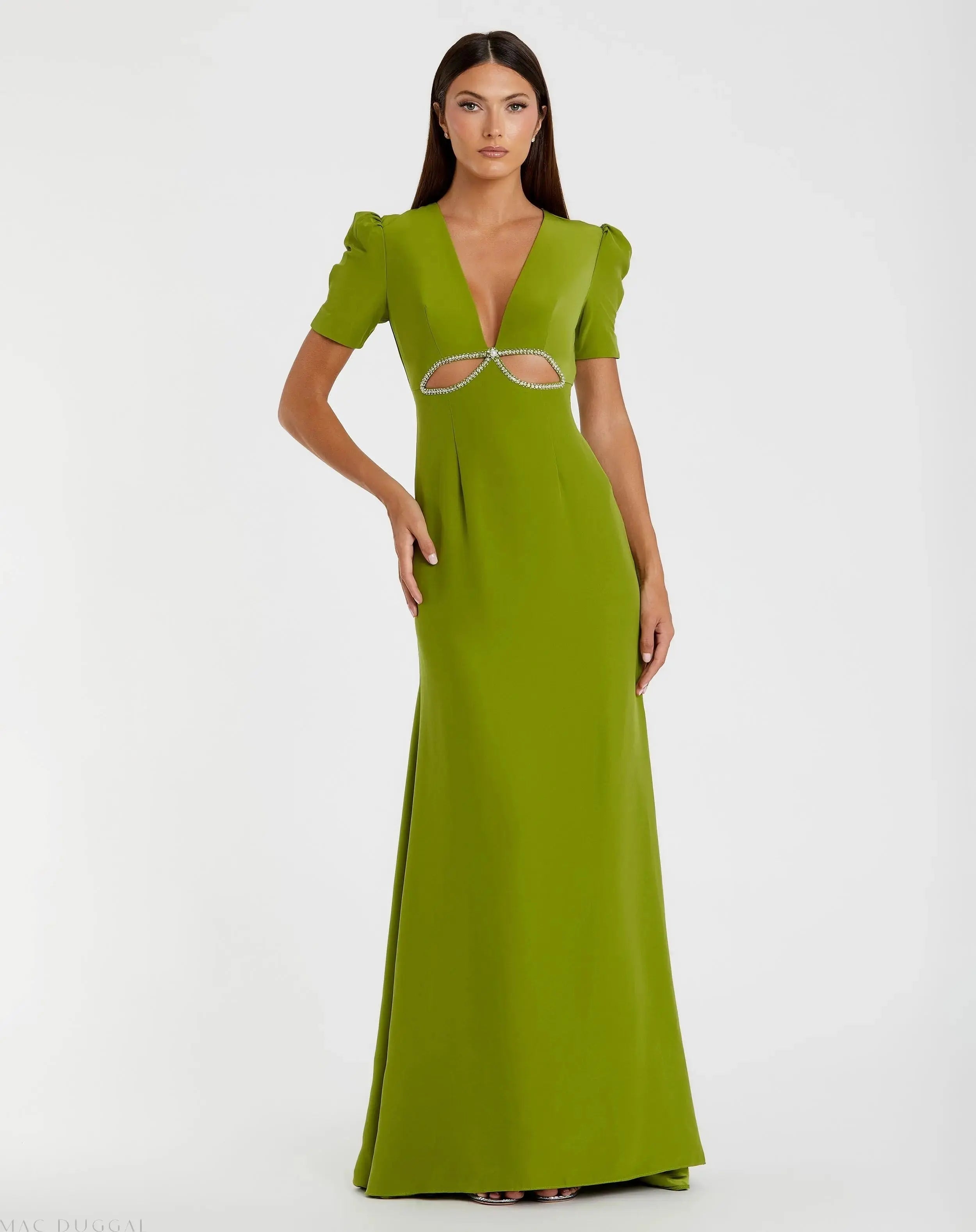Green Plunge Neck Puff Sleeve Cut Out Gown - Mac Duggal