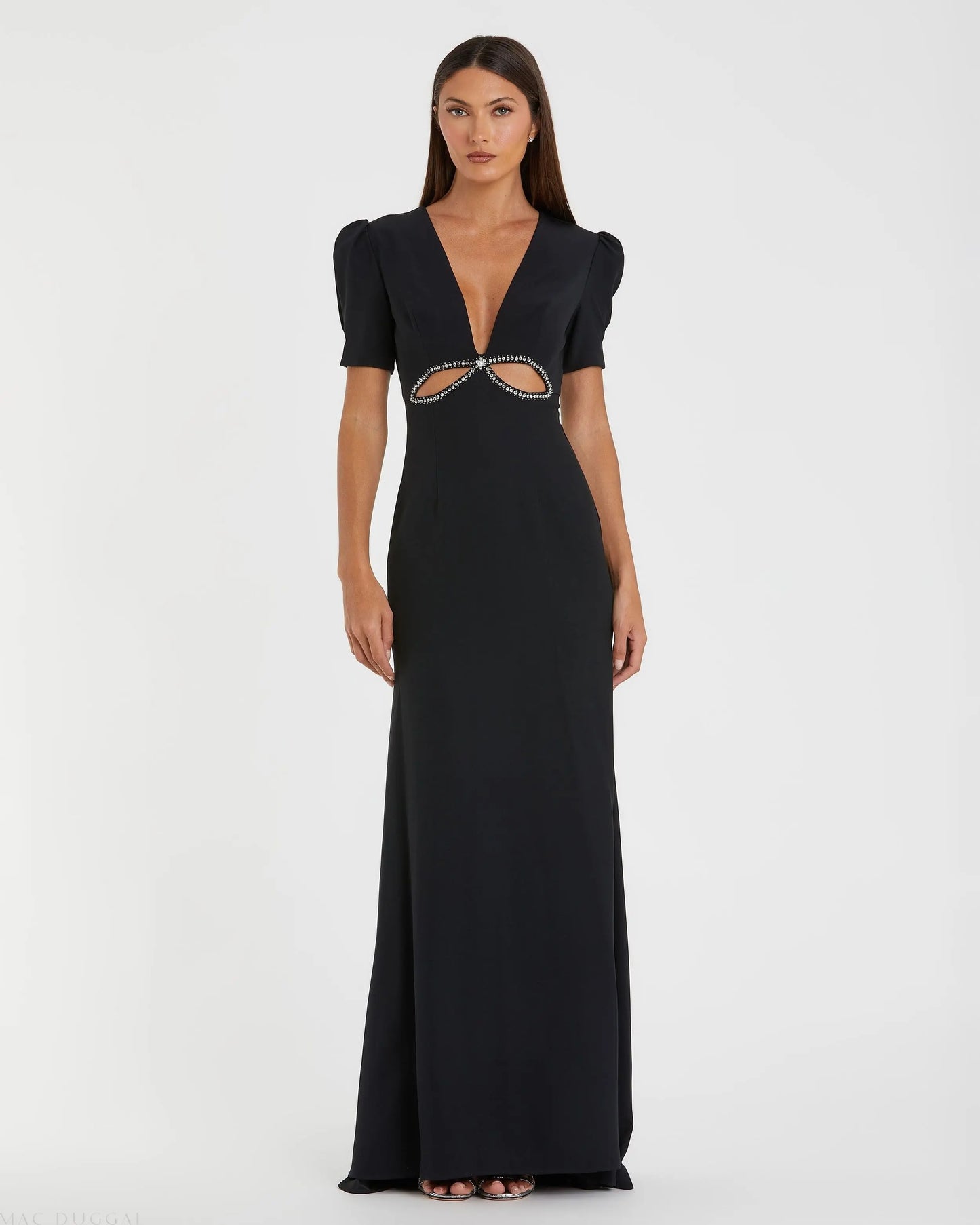 Mac Duggal Puff Sleeve Cutout Gown - Black